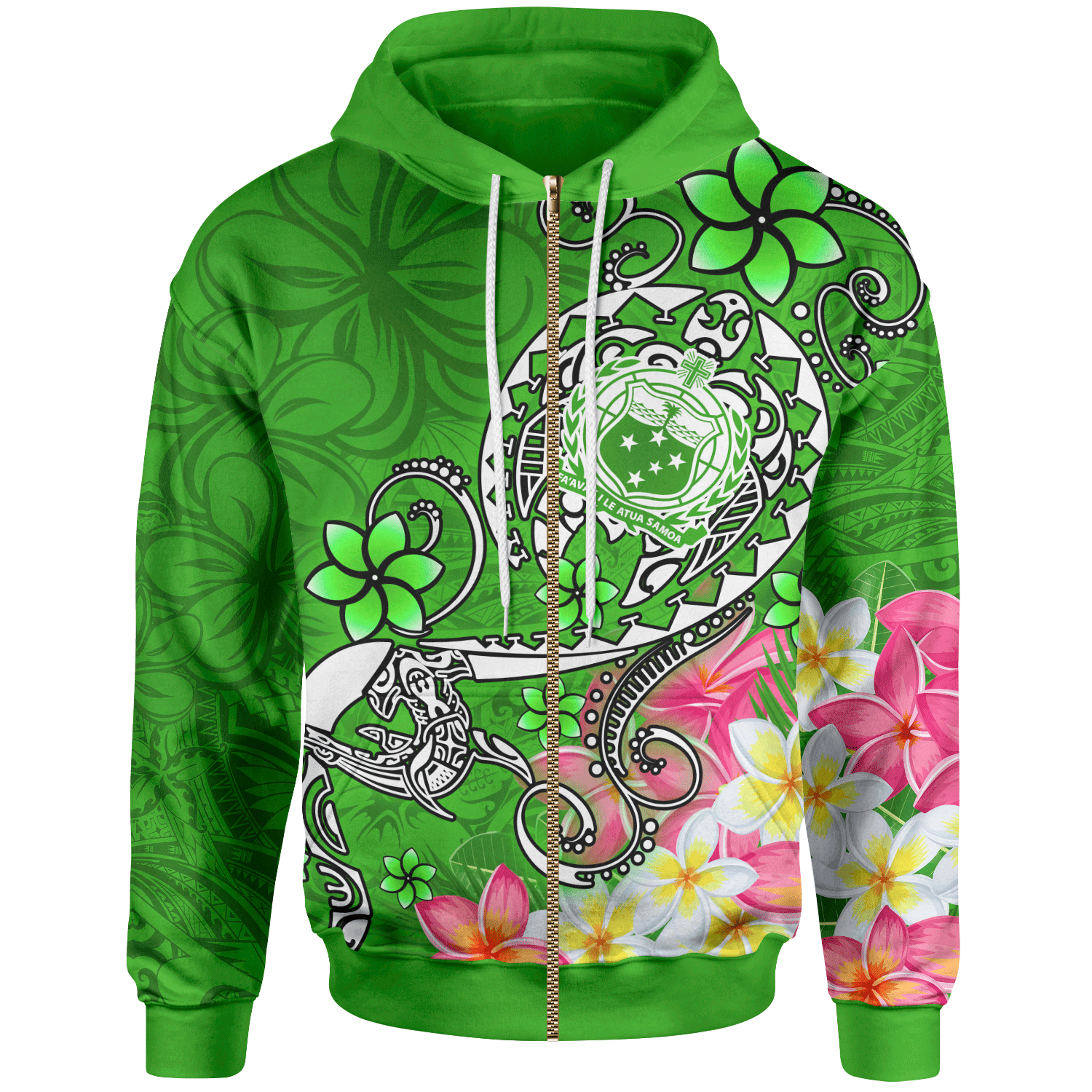 Samoa Zip up Hoodie Turtle Plumeria (Green) Unisex Green - Polynesian Pride