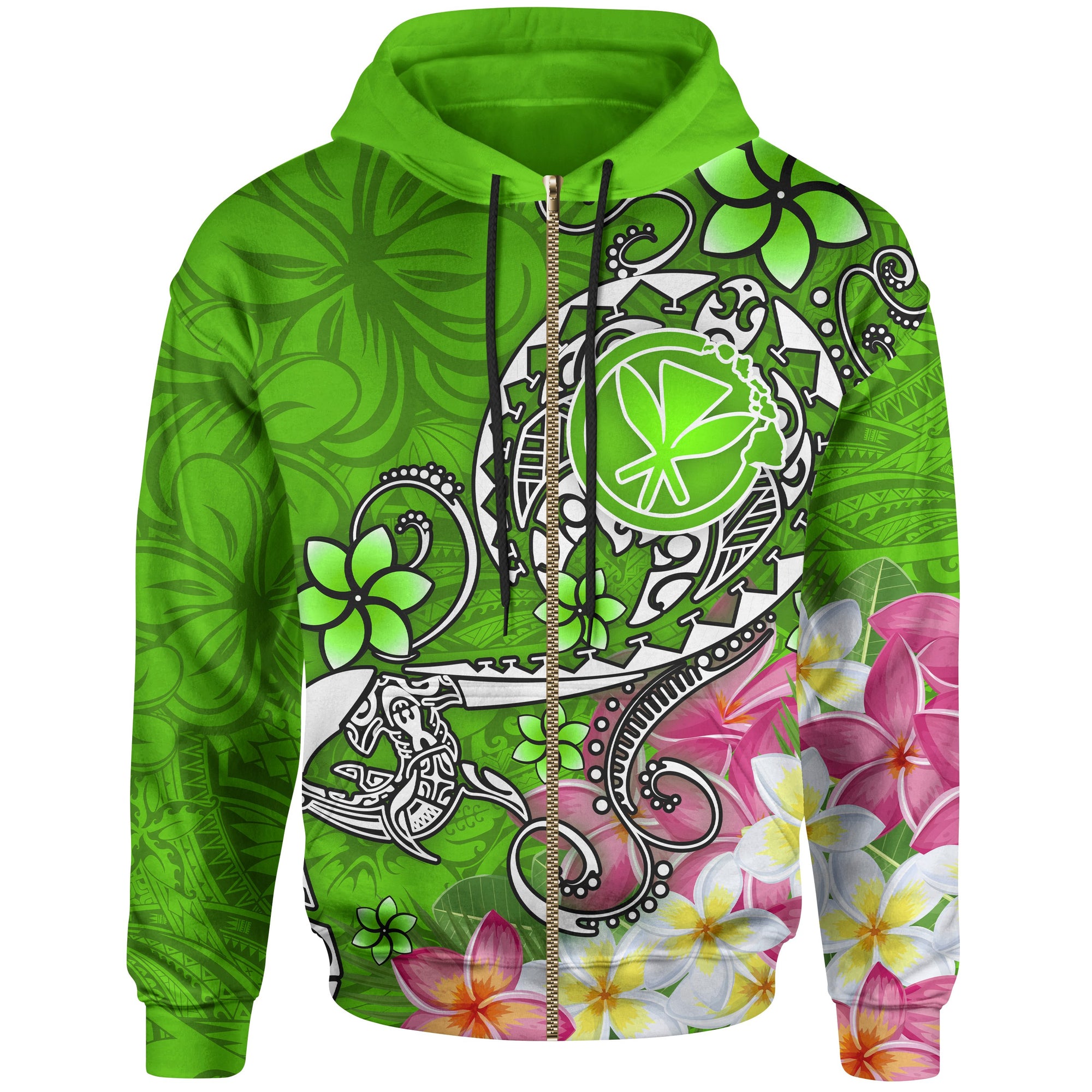 Hawaii Zip up Hoodie Turtle Plumeria Polynesian Tattoo Green Color Unisex Green - Polynesian Pride