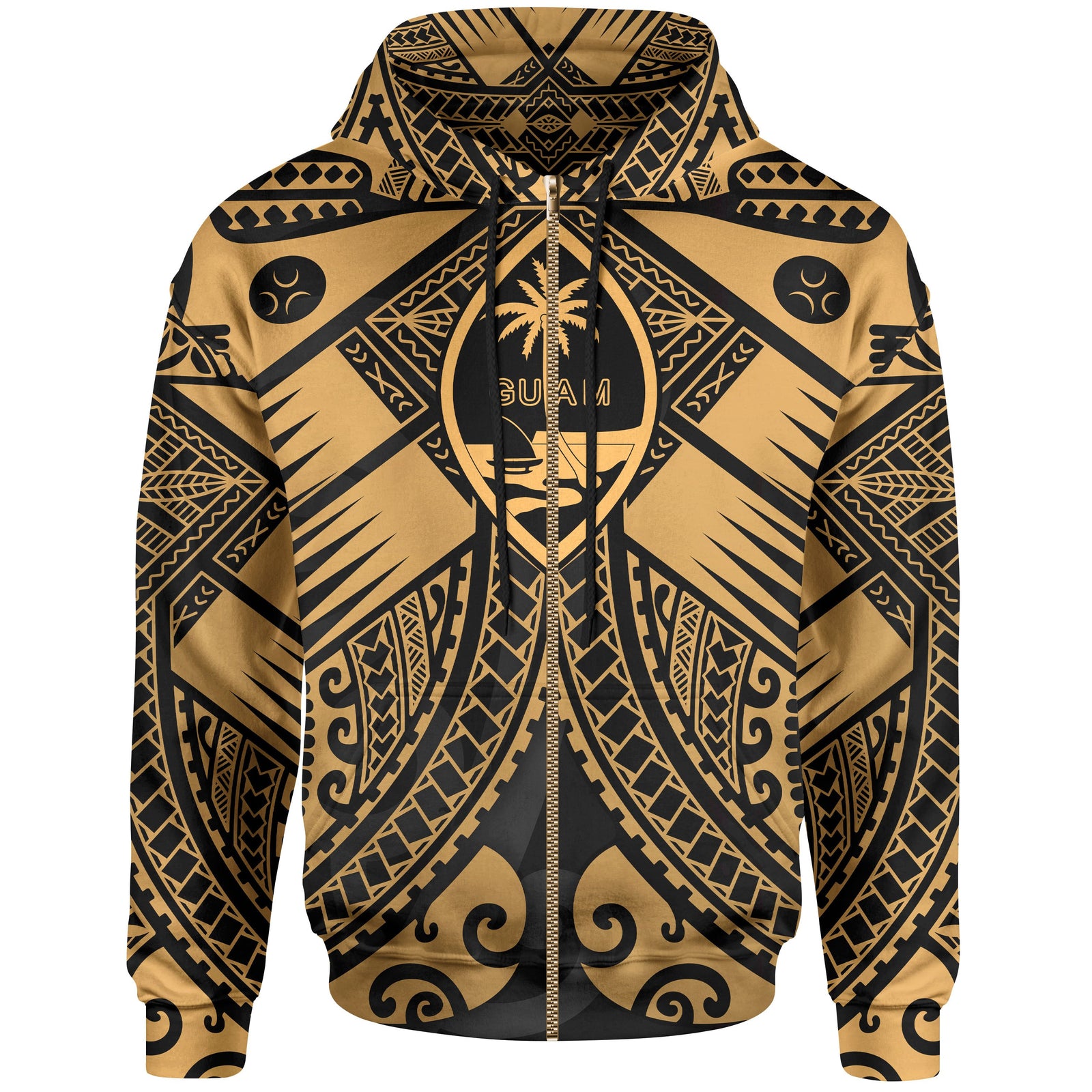 Guam Polynesian Zip up Hoodie Guam Gold Seal with Polynesian Tattoo Unisex Gold - Polynesian Pride