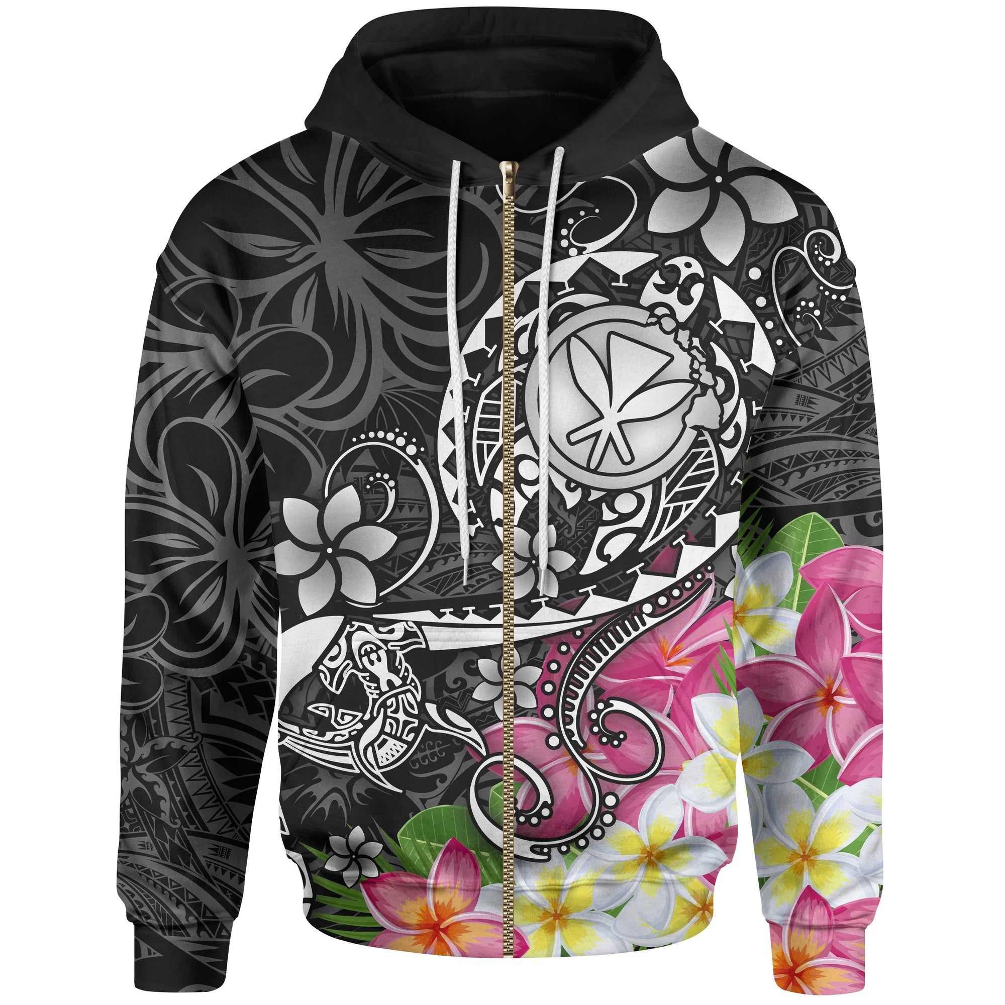 Hawaii Polynesian Zip up Hoodie Turtle Plumeria (Black) Unisex Black - Polynesian Pride