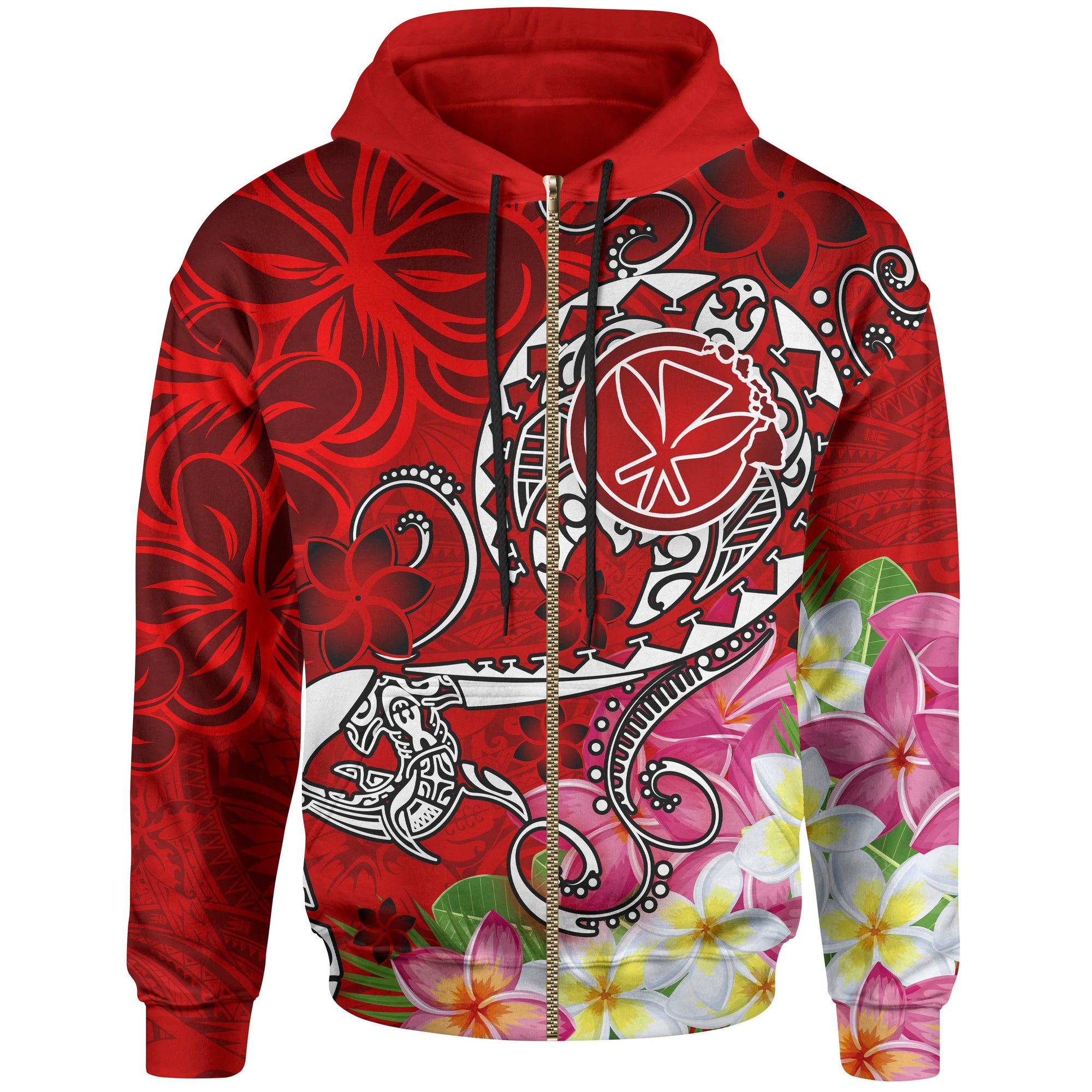 Hawaii Zip up Hoodie Turtle Plumeria Polynesian Tattoo Red Color Unisex Red - Polynesian Pride