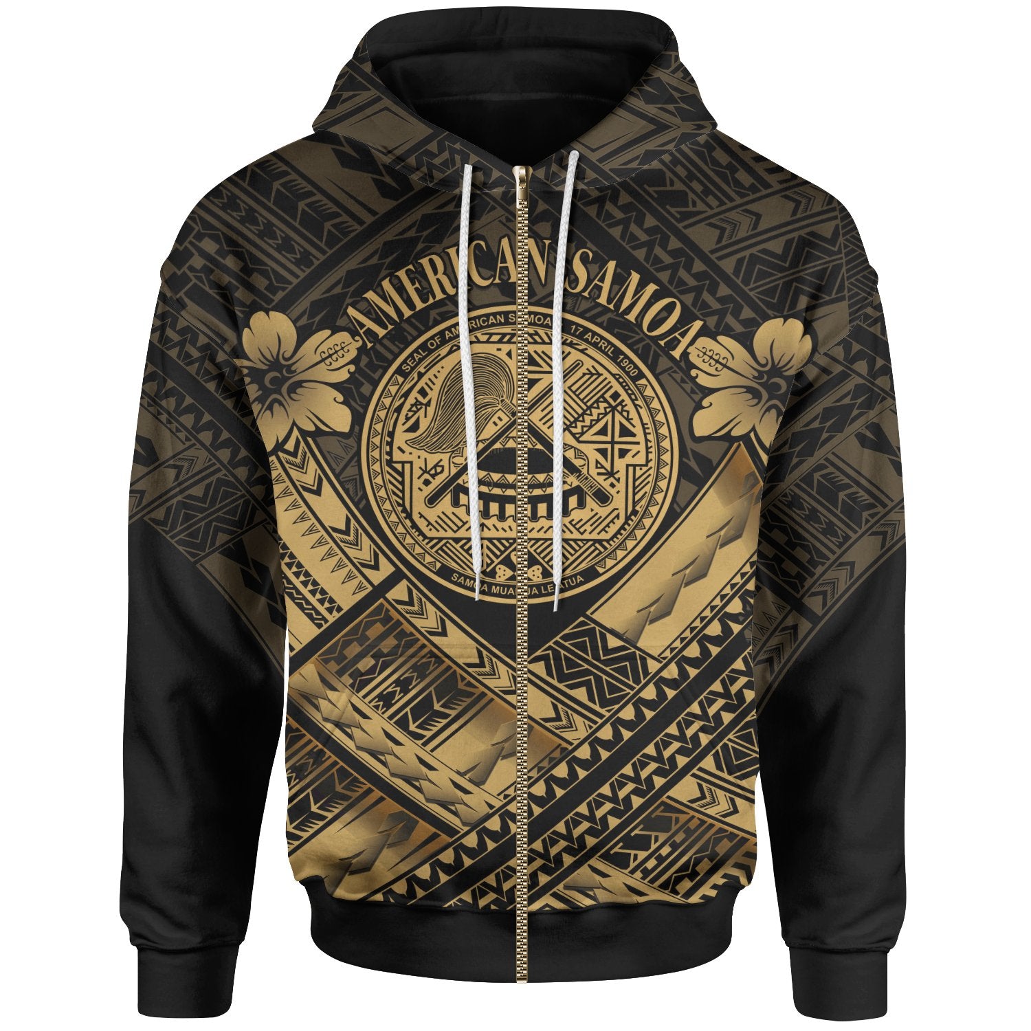 American Samoa Zip up Hoodie AS Gold Seal Polynesian Patterns Unisex Gold - Polynesian Pride