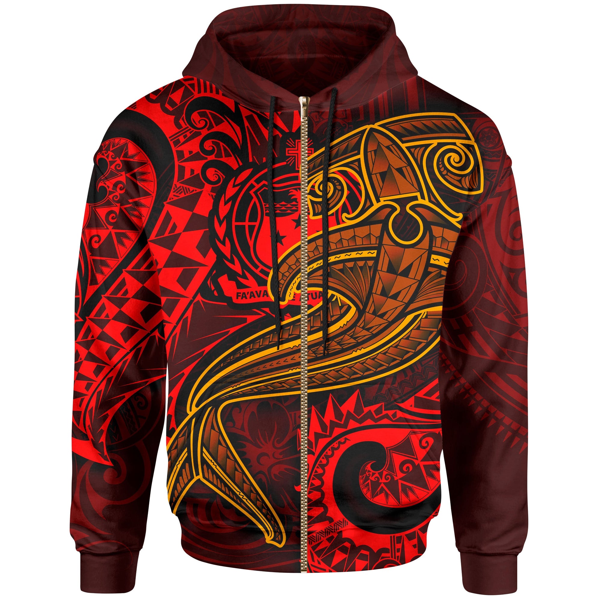 Samoa Zip up Hoodie Red Shark Polynesian Tattoo Unisex Red - Polynesian Pride