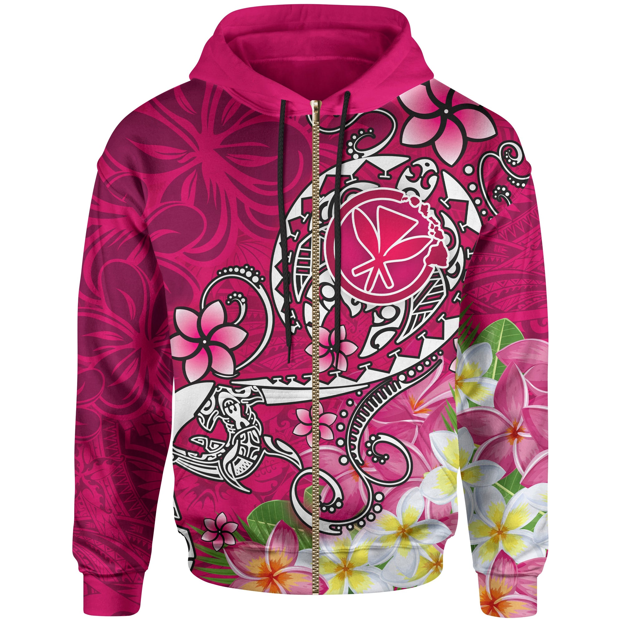 Hawaii Zip up Hoodie Turtle Plumeria Polynesian Tattoo Pink Color Unisex Pink - Polynesian Pride