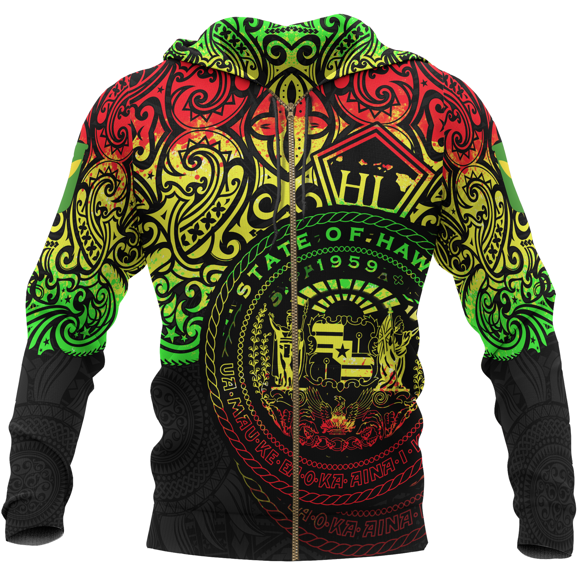 Polynesian Hawaii Hoodie (Zip up) Pride of Hawaii (Reggae) Unisex BLACK - Polynesian Pride