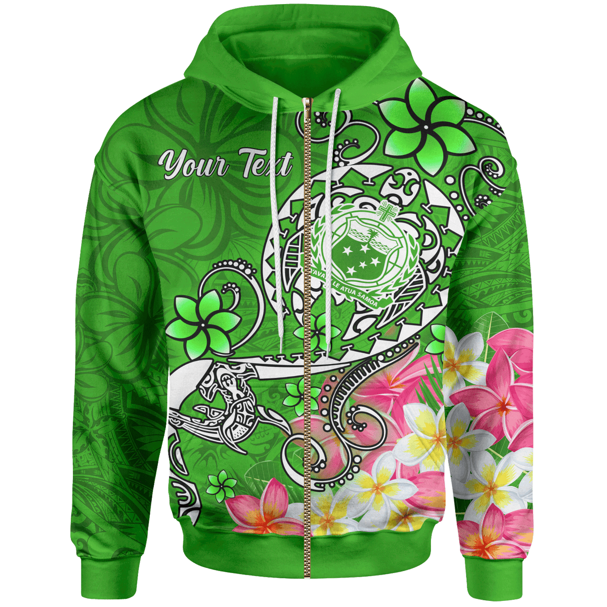 Samoa Custom Zip up Hoodie Turtle Plumeria (Green) Unisex Green - Polynesian Pride