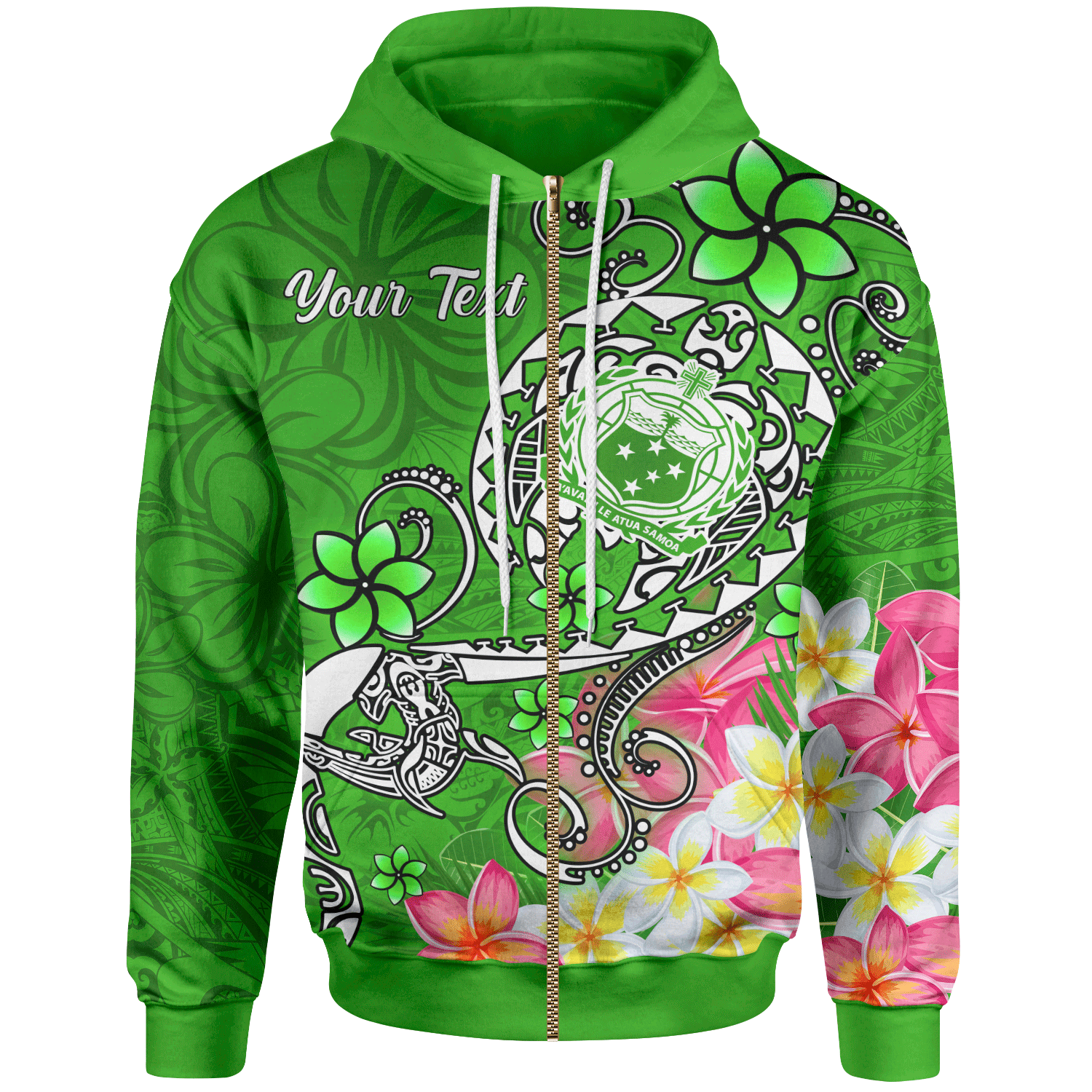 Samoa Custom Zip up Hoodie Turtle Plumeria (Green) Unisex Green - Polynesian Pride