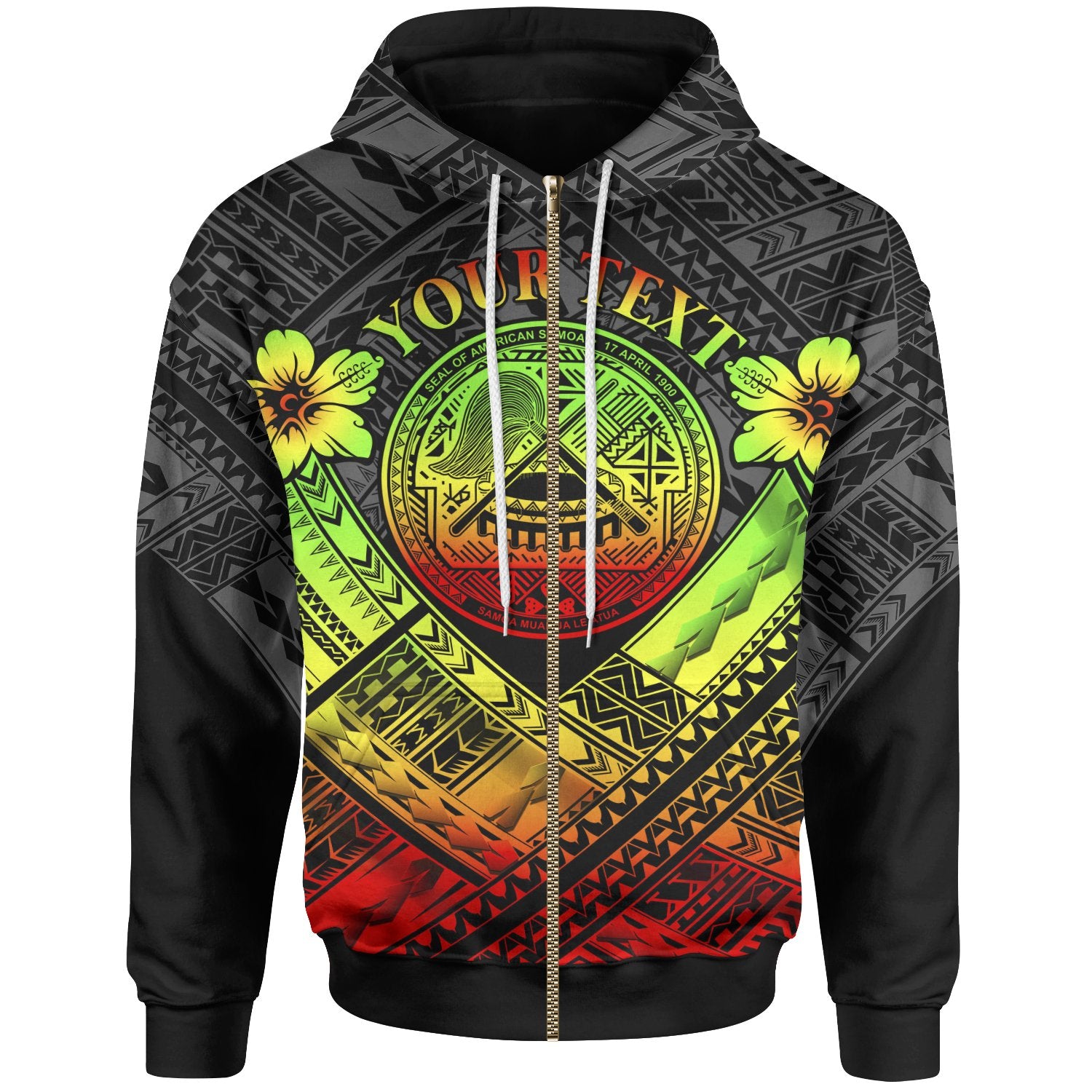 American Samoa Custom Zip up Hoodie AS Reggae Seal Polynesian Patterns Unisex Reggae - Polynesian Pride