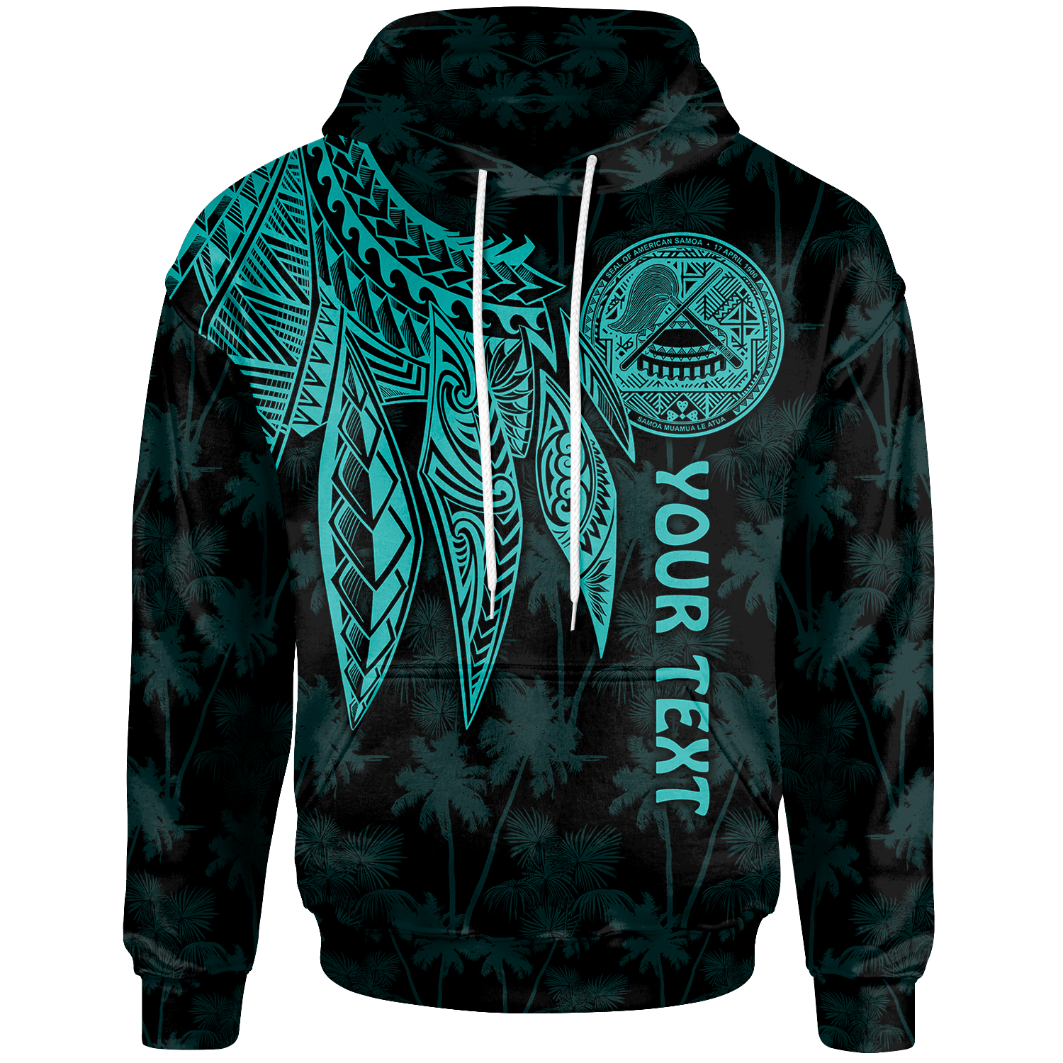 American Samoa Custom Hoodie Polynesian Wings (Turquoise) Unisex Black - Polynesian Pride