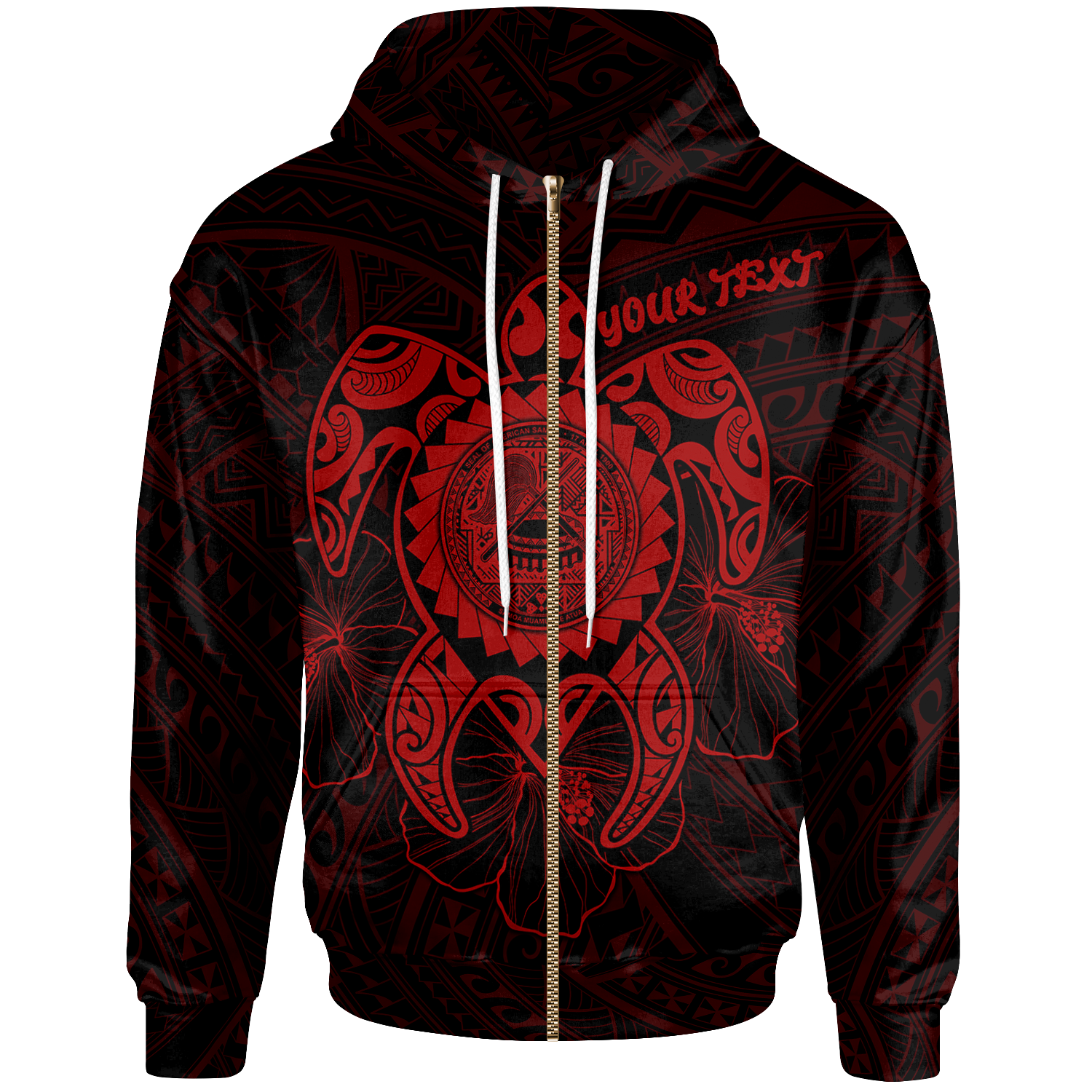 American Samoa Polynesian Custom Zip up Hoodie Vintage Polynesian Turtle (Red) Unisex Black - Polynesian Pride