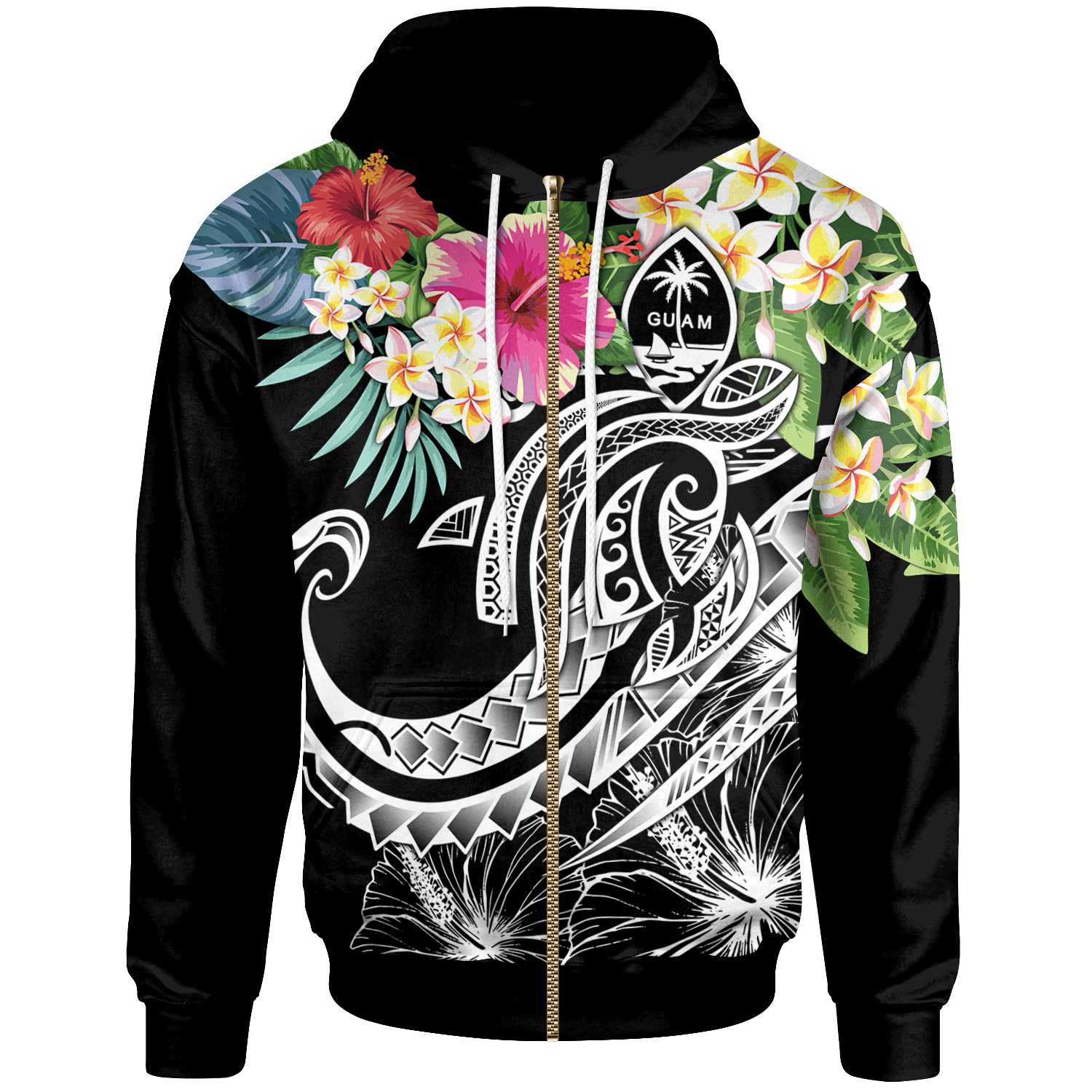 Guam Polynesian Zip up Hoodie Summer Plumeria (Black) Unisex Black - Polynesian Pride