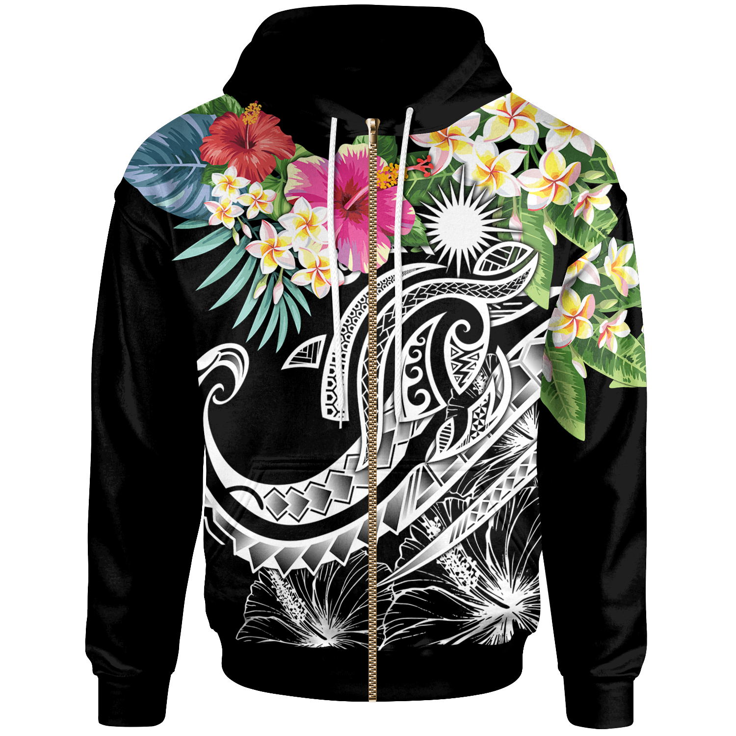 Marshall Islands Polynesian Zip up Hoodie Summer Plumeria (Black) Unisex Black - Polynesian Pride