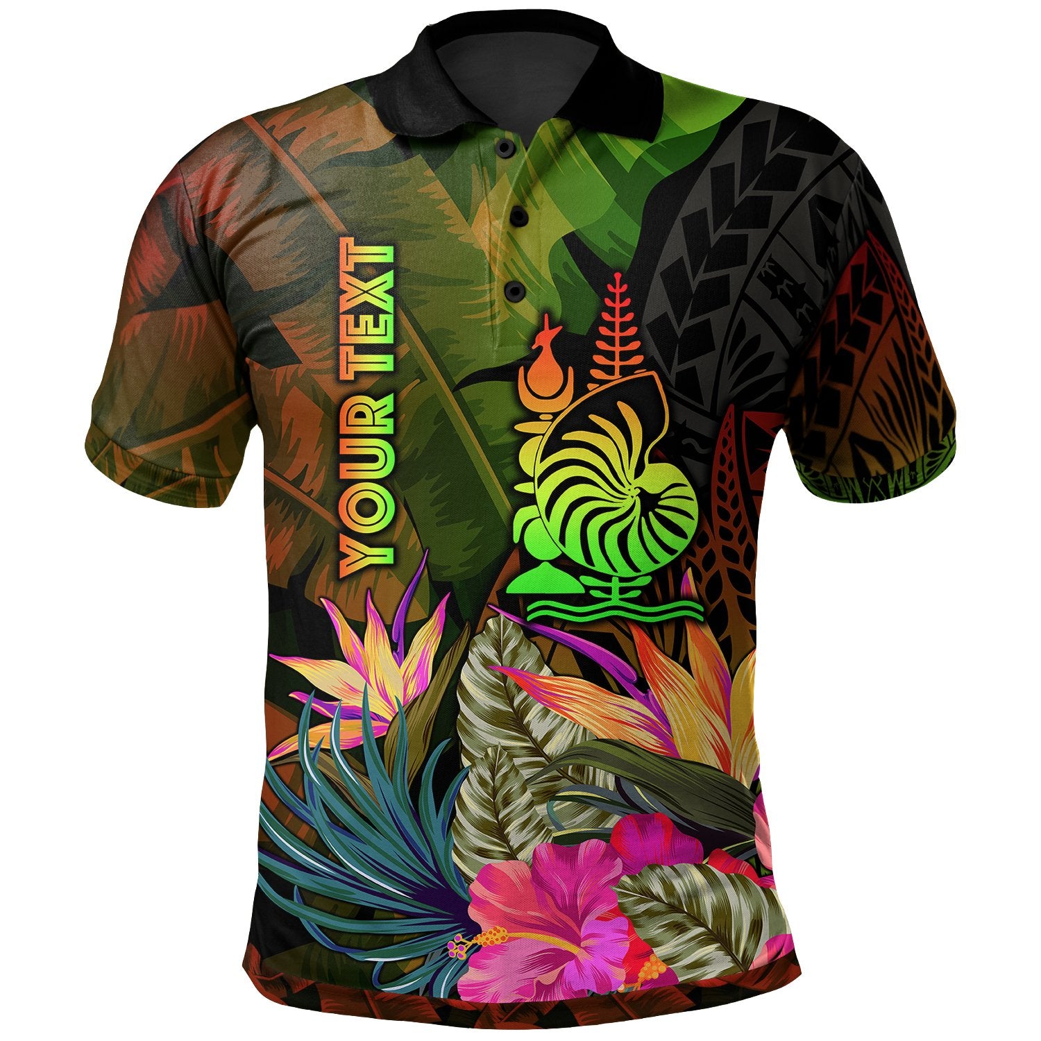 New Caledonia Polynesian Custom Polo Hibiscus and Banana Leaves Unisex Reggae - Polynesian Pride