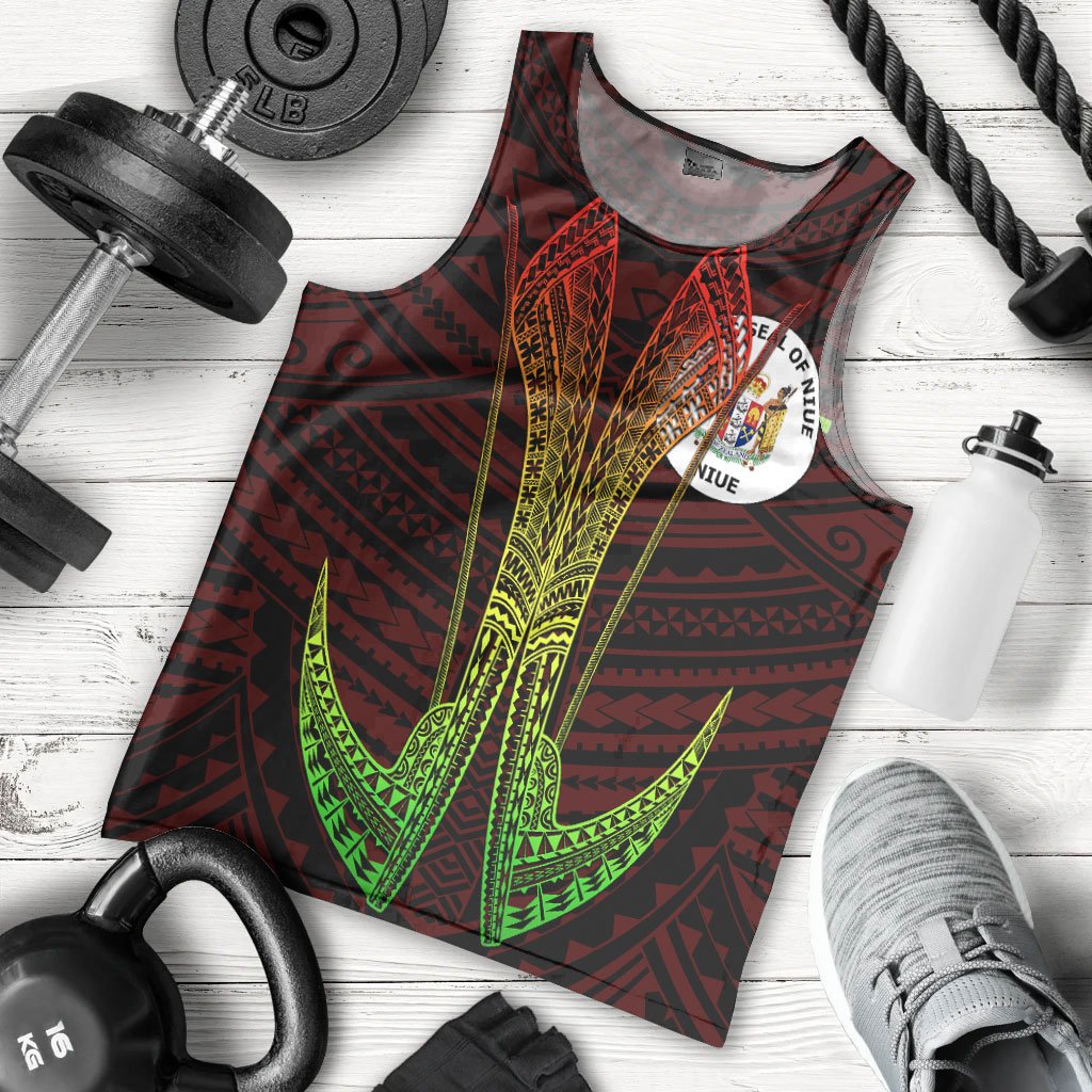 Niue Custom Personalised Men's Tank Top - Fish Hook Ver2 Red - Polynesian Pride