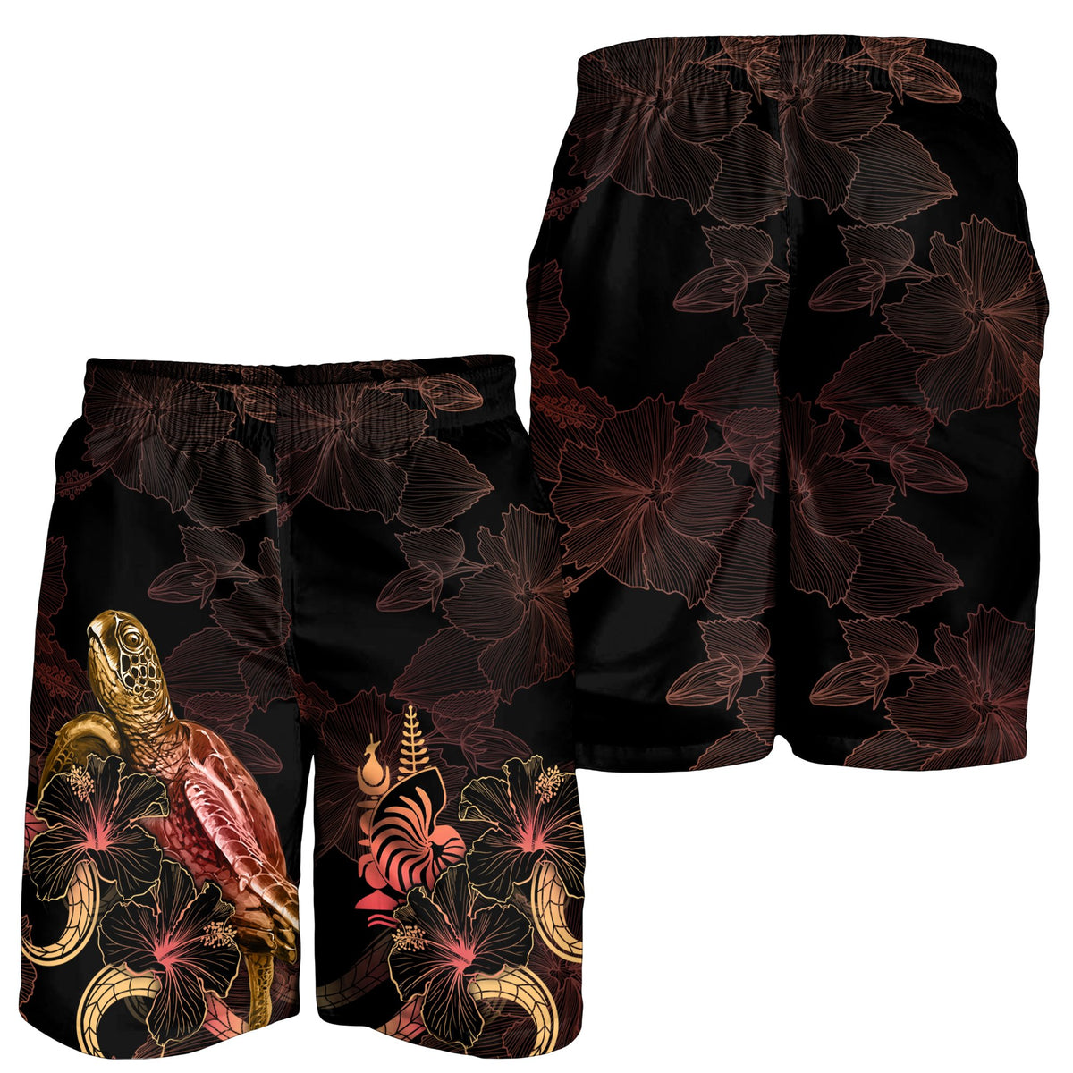 New Caledonia Polynesian Men's Shorts - Turtle With Blooming Hibiscus Gold - Polynesian Pride