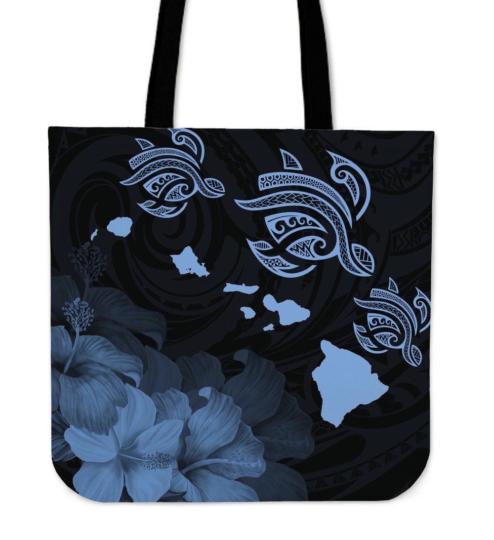 Hawaii Hibiscus Map Polynesian Ancient Blue Turtle Tote Bag Tote Bag One Size Blue - Polynesian Pride