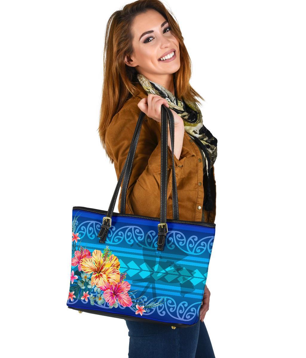 Hawaii Small Leather Tote Bag Hibiscus Plumeria Polynesian Blue AH Blue - Polynesian Pride