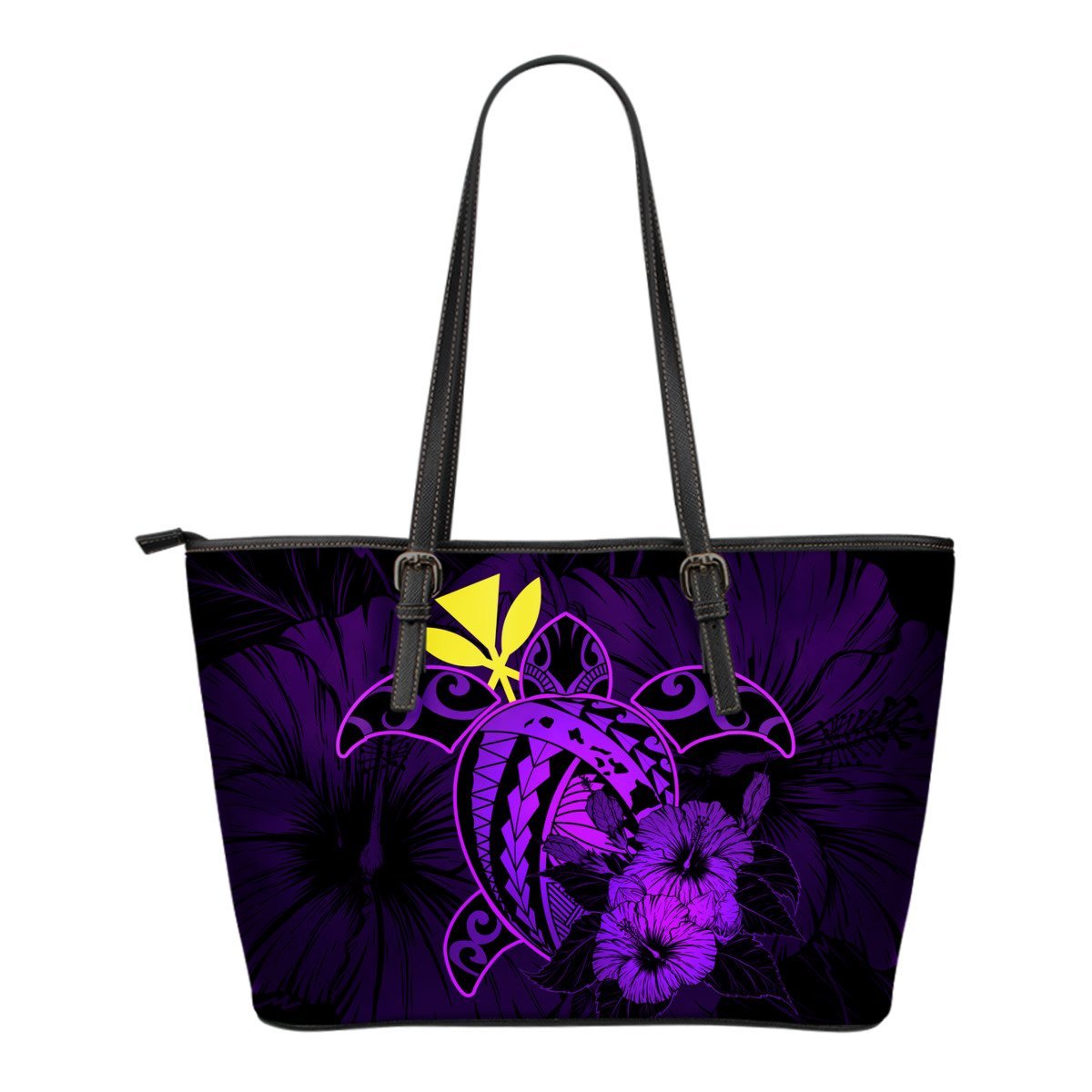 Hawaii Hibiscus Small Leather Tote Bag - Harold Turtle - Purple Purple - Polynesian Pride