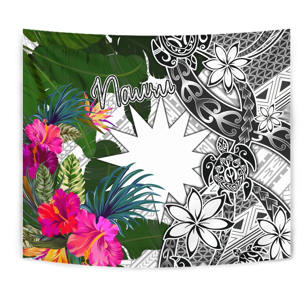 Nauru Tapestry White - Turtle Plumeria Banana Leaf Wall Tapestry White - Polynesian Pride