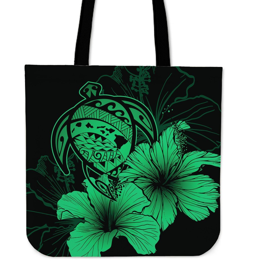 Hawaii Hibiscus Tote Bag - Turtle Map - Pastel Green - Polynesian Pride