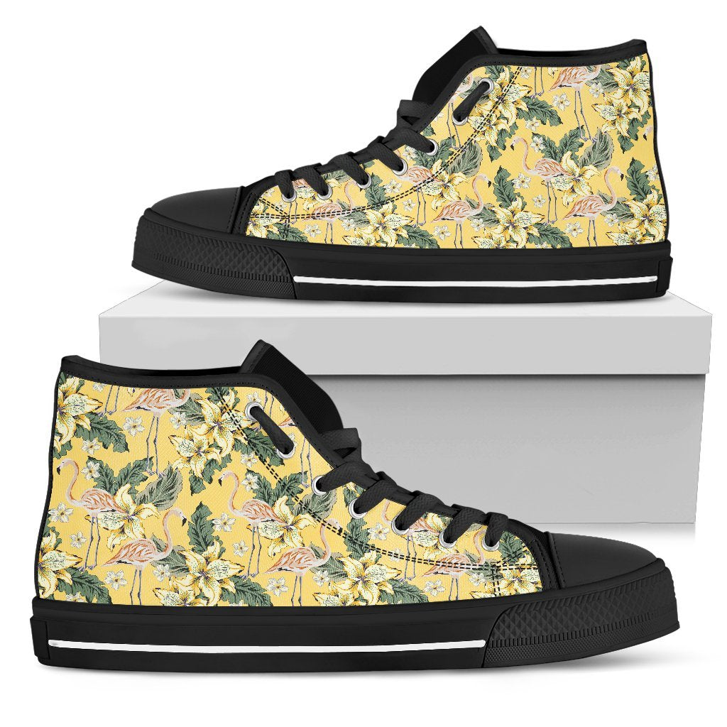 Hawaiian Shoes - Tropical Flamingo Yellow High Top Shoes Mens High Top Black - Polynesian Pride