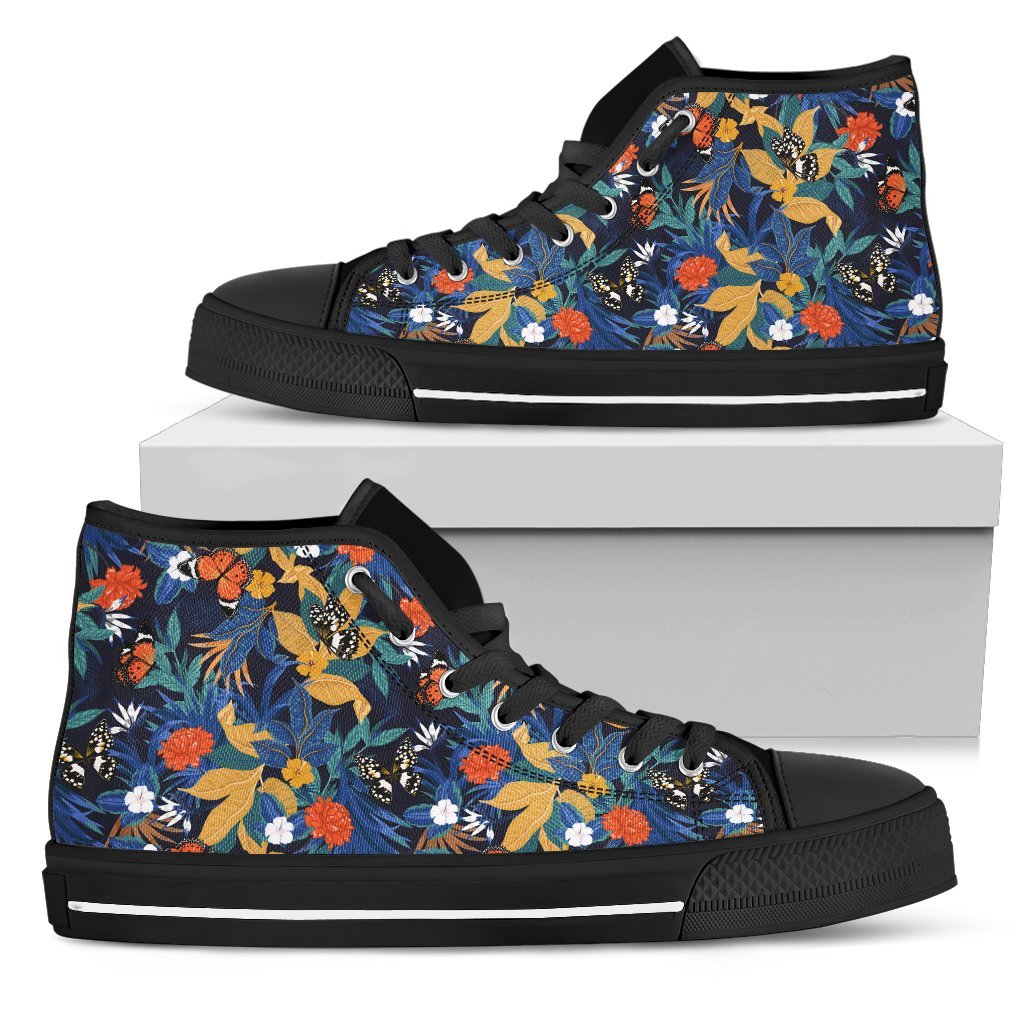 Hawaiian Shoes - Tropical Buttterfly And Flower High Top Shoes Mens High Top Black - Polynesian Pride