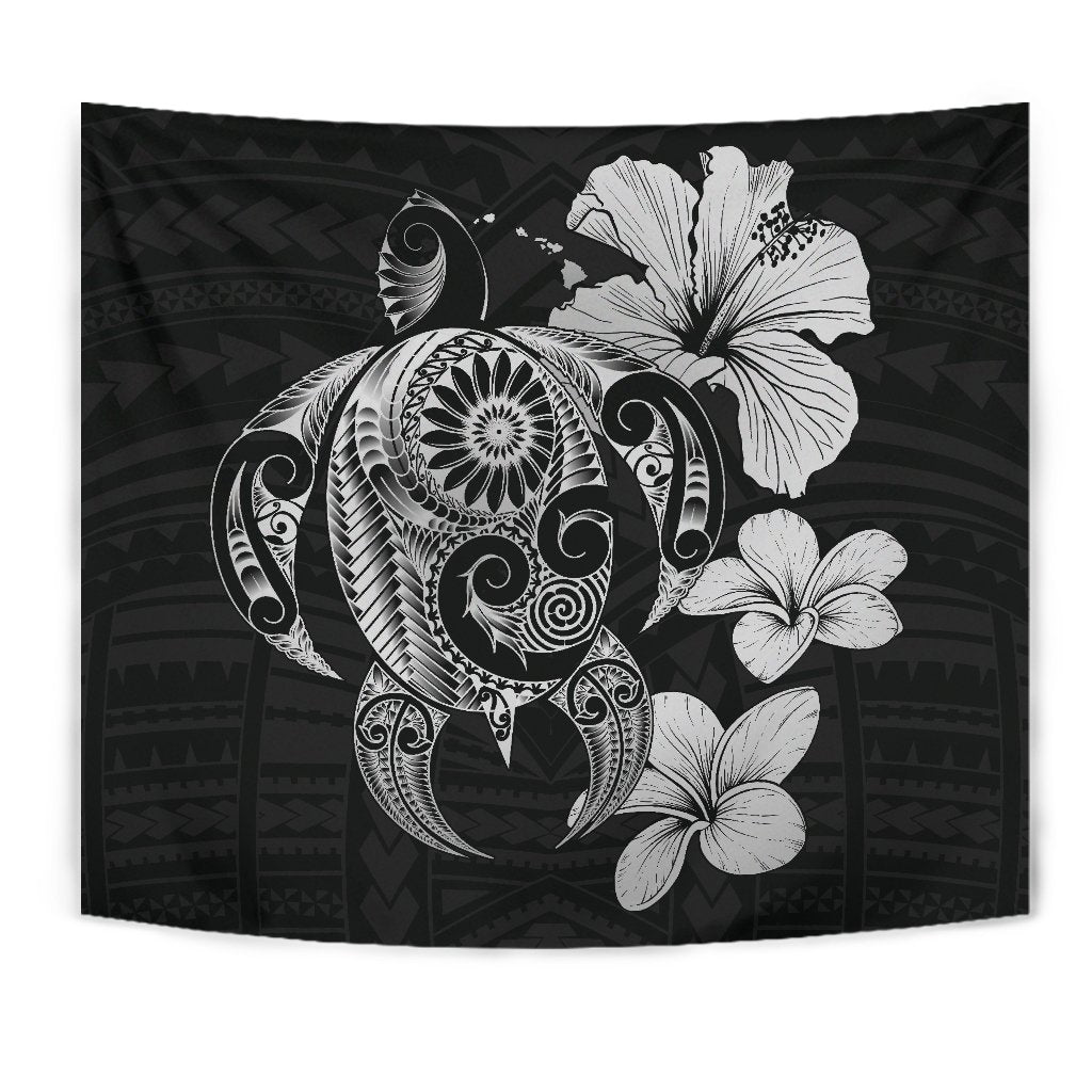 Hibiscus Plumeria Mix Polynesian Gray Turtle Tapestry - Polynesian Pride