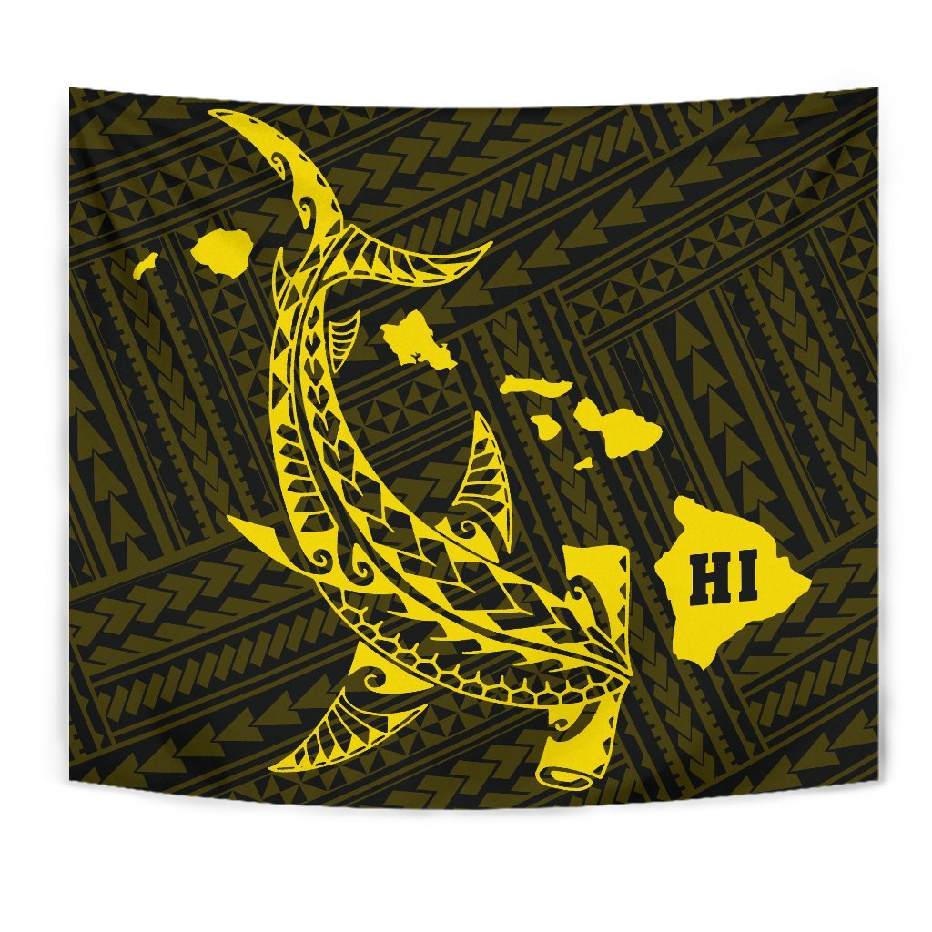 Hawaii Shark Yellow Polynesian Tribal Tapestry Wall Tapestry Yellow - Polynesian Pride