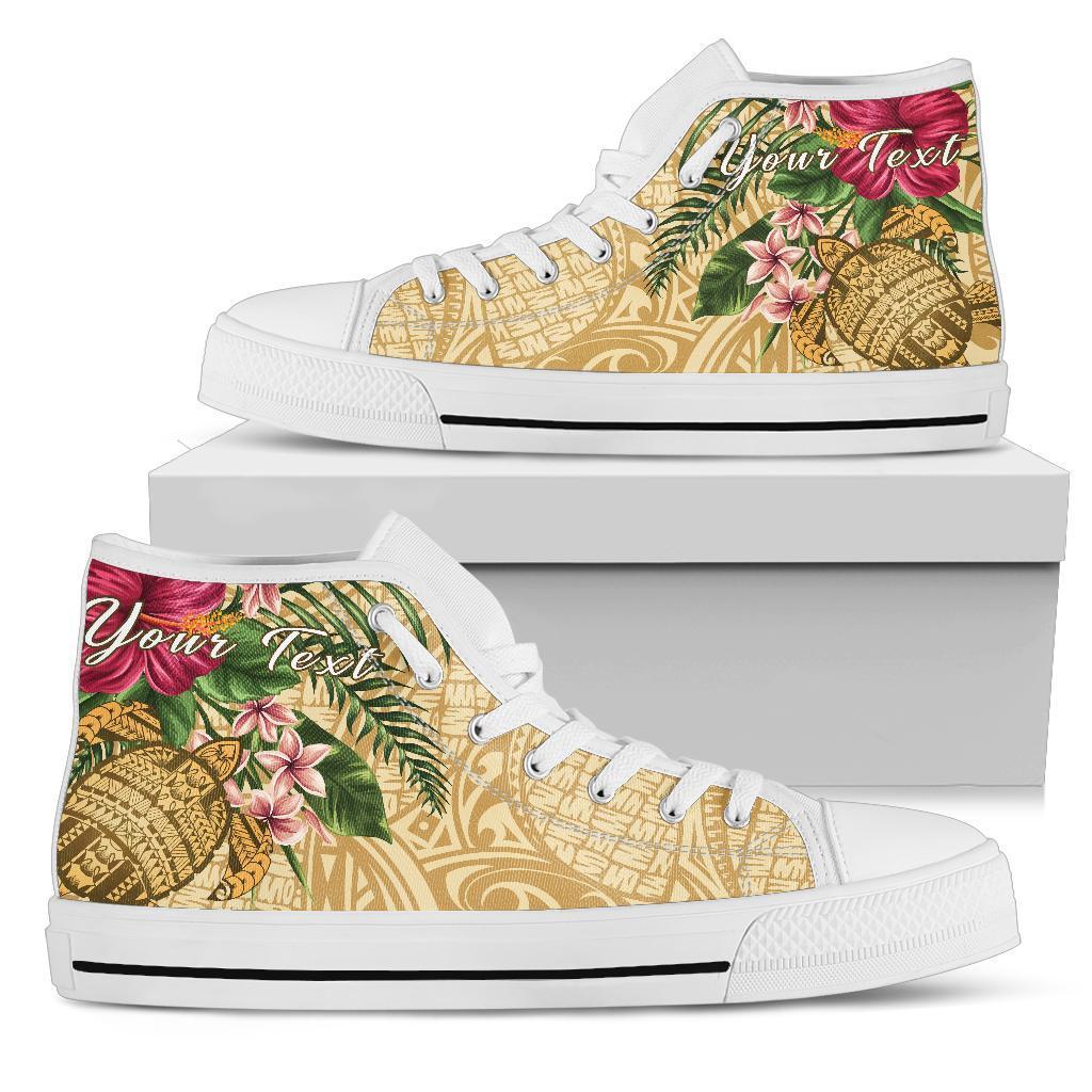hawaiiHigh Top Shoe - Turtle High Top Shoe Strong Pattern Hibiscus Plumeria AH Womens High Top White - Polynesian Pride