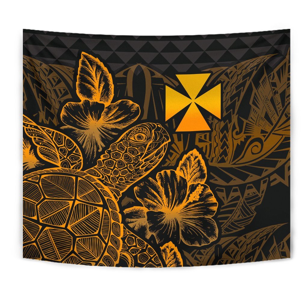 Wallis And Futuna Tapestry - Turtle Hibiscus Pattern Gold - Polynesian Pride