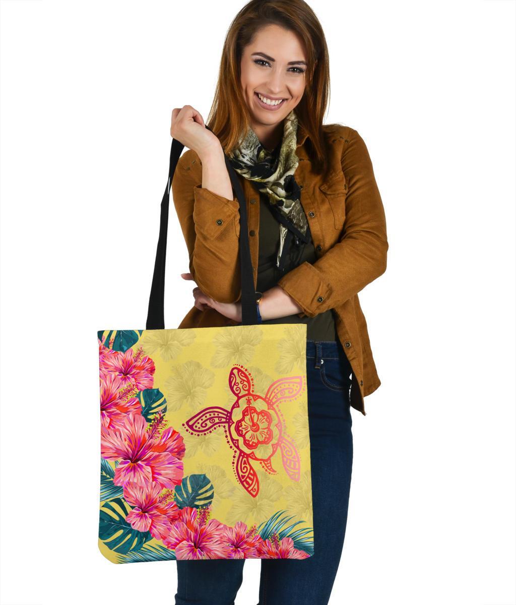 Hawaii Tote Bag Hibiscus Turtle Yellow AH Tote Bag One Size Yellow - Polynesian Pride