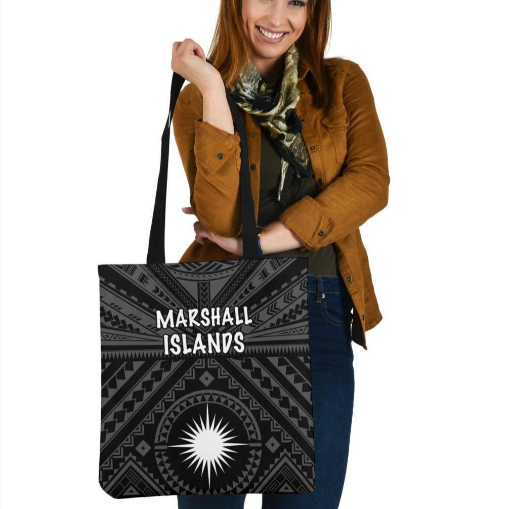 Marshall Tote Bags - Marshall Seal With Polynesian Tattoo Style ( Black) Tote Bag One Size Black - Polynesian Pride