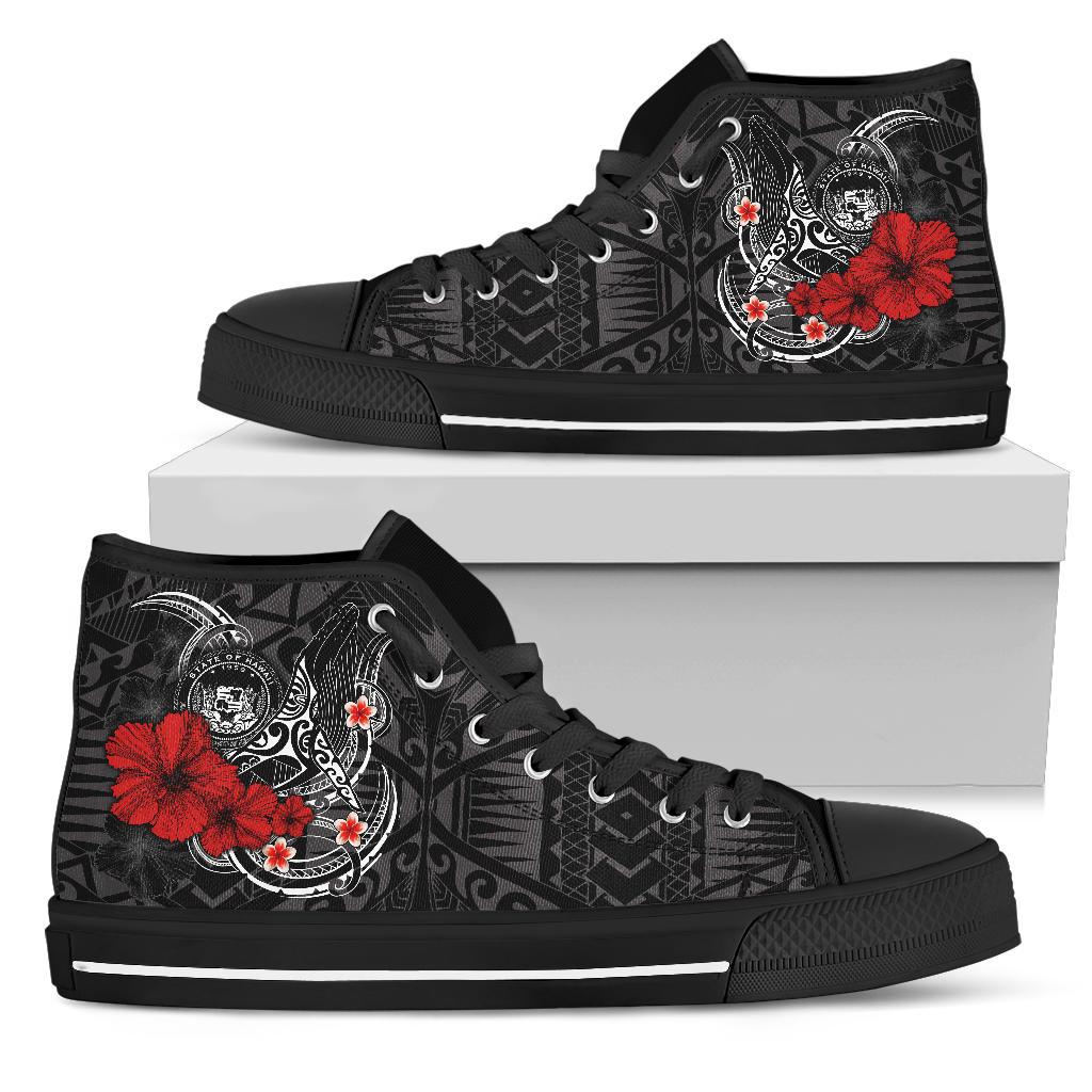 Polynesian Hawaii High Top Shoes - Humpback Whale with Hibiscus (White) Unisex Black - Polynesian Pride