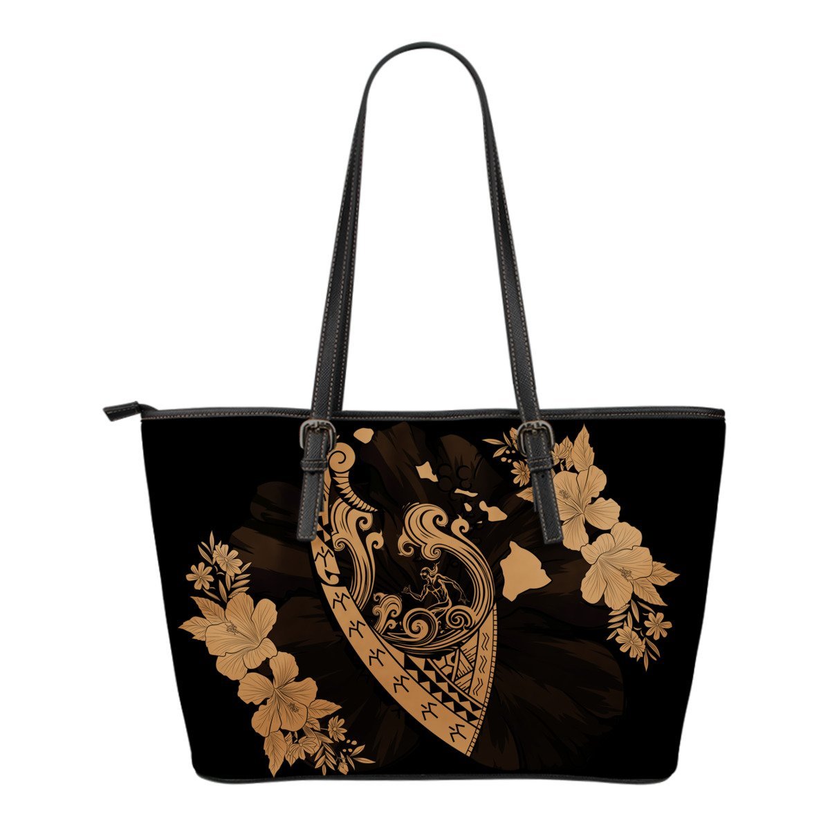 Hawaii Hibiscus Banzai Surfing Small Leather Tote Bag Gold Gold - Polynesian Pride