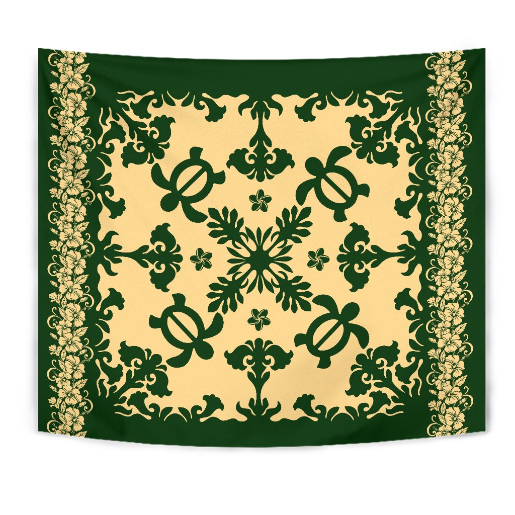 hawaiiTapestry - Hawaiian Quilt Turtle Dance Sea Pattern Wall Tapestry Green - Polynesian Pride