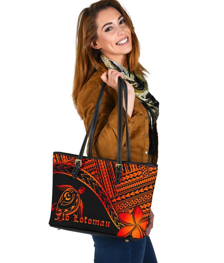 Flo Lotomau - Hawaiian Turtle Plumeria Leather Tote Bag Small AH Orange - Polynesian Pride