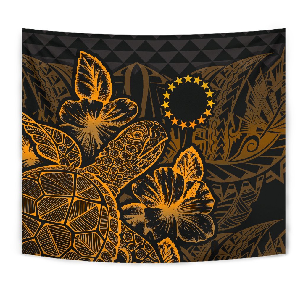 Cook Islands Tapestry - Turtle Hibiscus Pattern Gold - Polynesian Pride