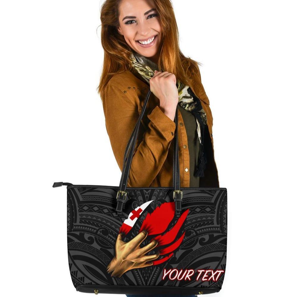 Tonga Personalised Leather Tote Bag - Tongan Is Myself (Black) Black - Polynesian Pride