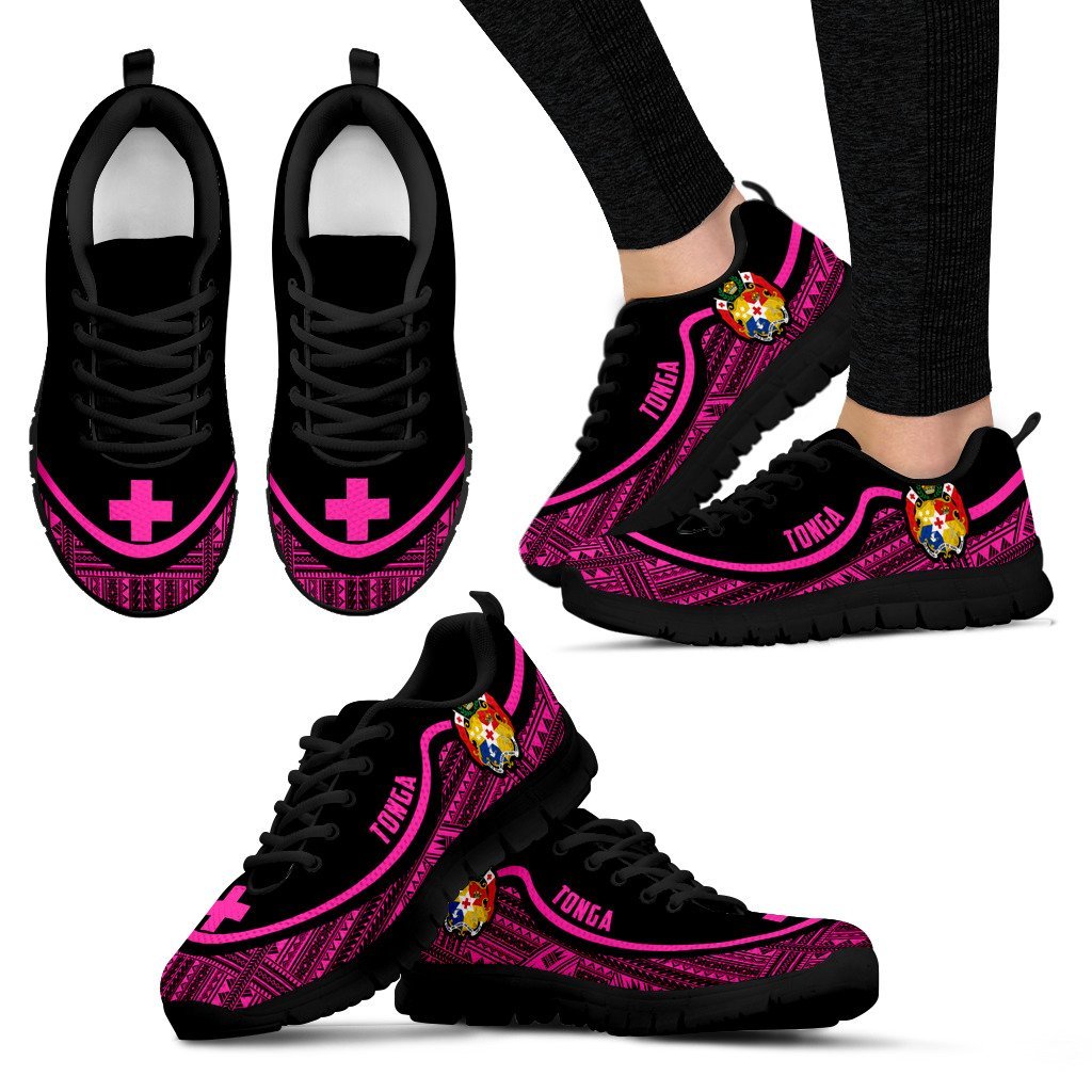 Tonga Wave Sneakers - Polynesian Pattern Pink Color Women's Sneakers - Black - Tonga Black - Polynesian Pride