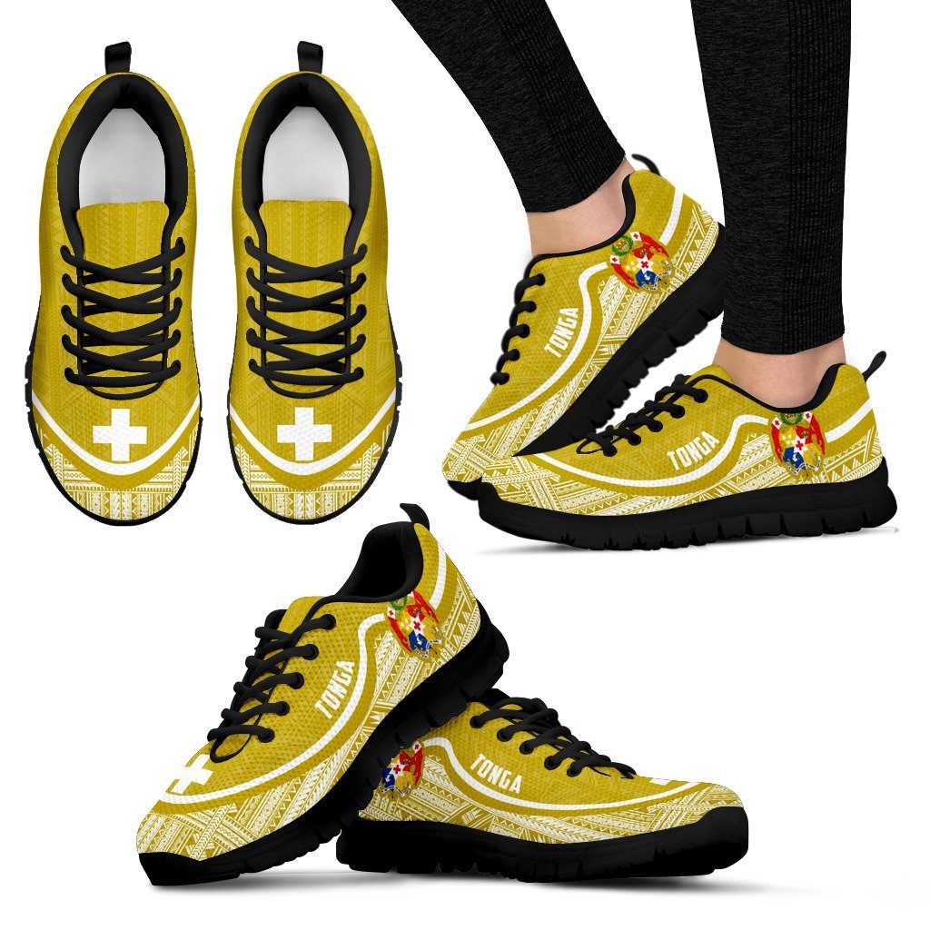 Tonga Wave Sneakers - Polynesian Pattern White Gold Color Women's Sneakers - Black - Tonga Black - Polynesian Pride