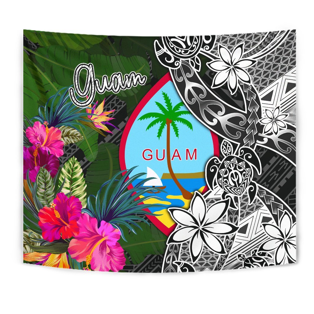 Guam Tapestry - Turtle Plumeria Banana Leaf Wall Tapestry Black - Polynesian Pride