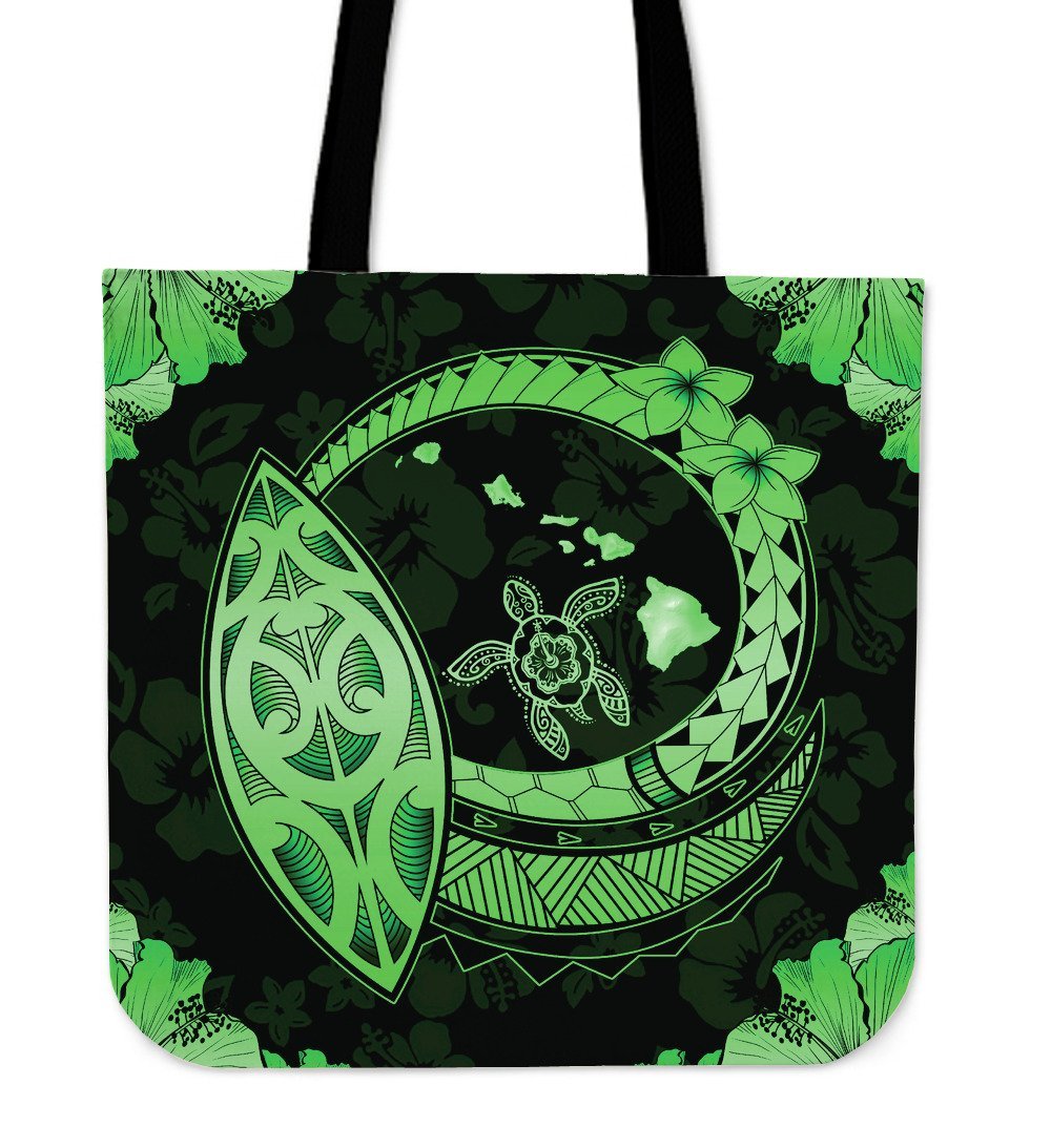 Hawaii Hibiscus Map Hidden Polynesian Green Turtle Tote Bag Tote Bag One Size Green - Polynesian Pride