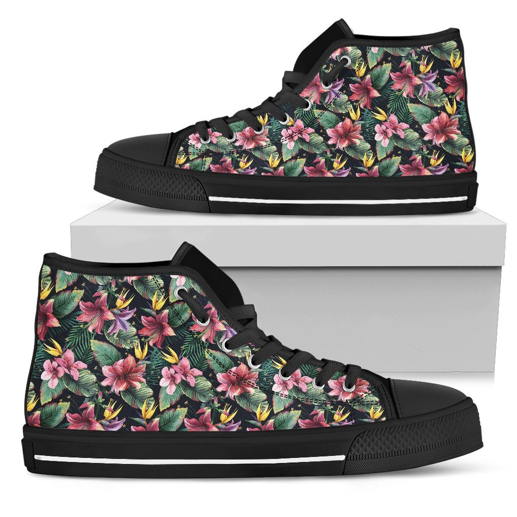 Hawaiian Shoes - Tropical Flowers, Palm And Leaves High Top Shoes Mens High Top Black - Polynesian Pride