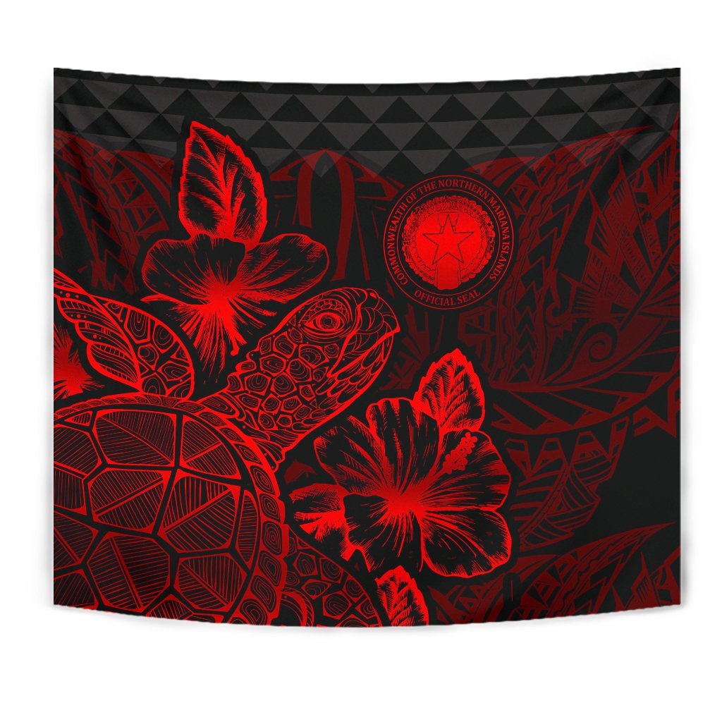 Northern Mariana Islands Tapestry - Turtle Hibiscus Pattern Red - Polynesian Pride
