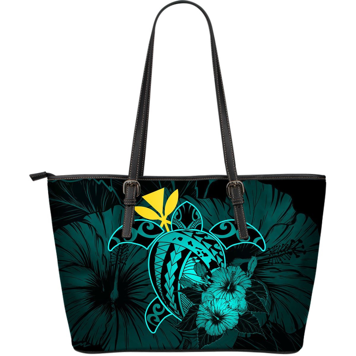 Hawaii Hibiscus Large Leather Tote Bag - Harold Turtle - Turquoise Blue - Polynesian Pride