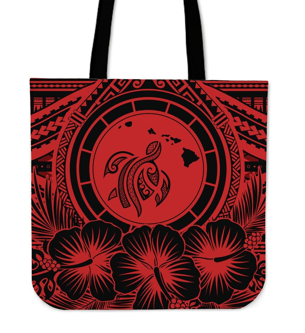 Hawaii Map Honu Hibiscus Red Polynesian Tote Bag Tote Bag One Size Red - Polynesian Pride