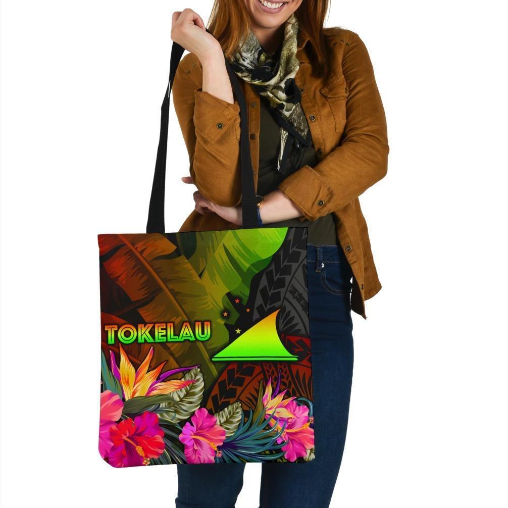 Tokelau Polynesian Tote Bags - Hibiscus and Banana Leaves Tote Bag One Size Reggae - Polynesian Pride