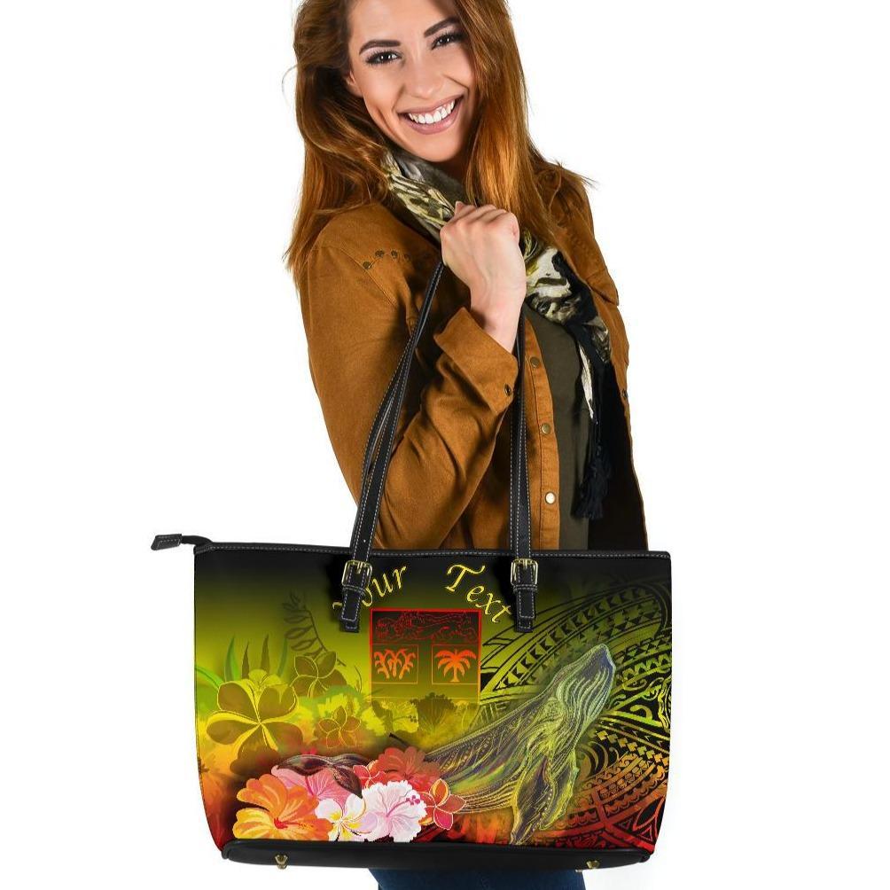 Fiji Custom Personalised Large Leather Tote Bags - Humpback Whale with Tropical Flowers (Yellow) Yellow - Polynesian Pride