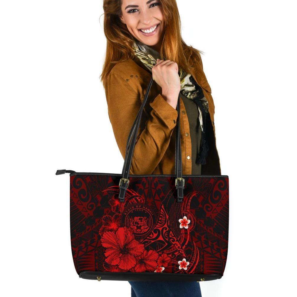 Polynesian Hawaii Large Leather Tote Bag - Humpback Whale with Hibiscus (Red) Red - Polynesian Pride