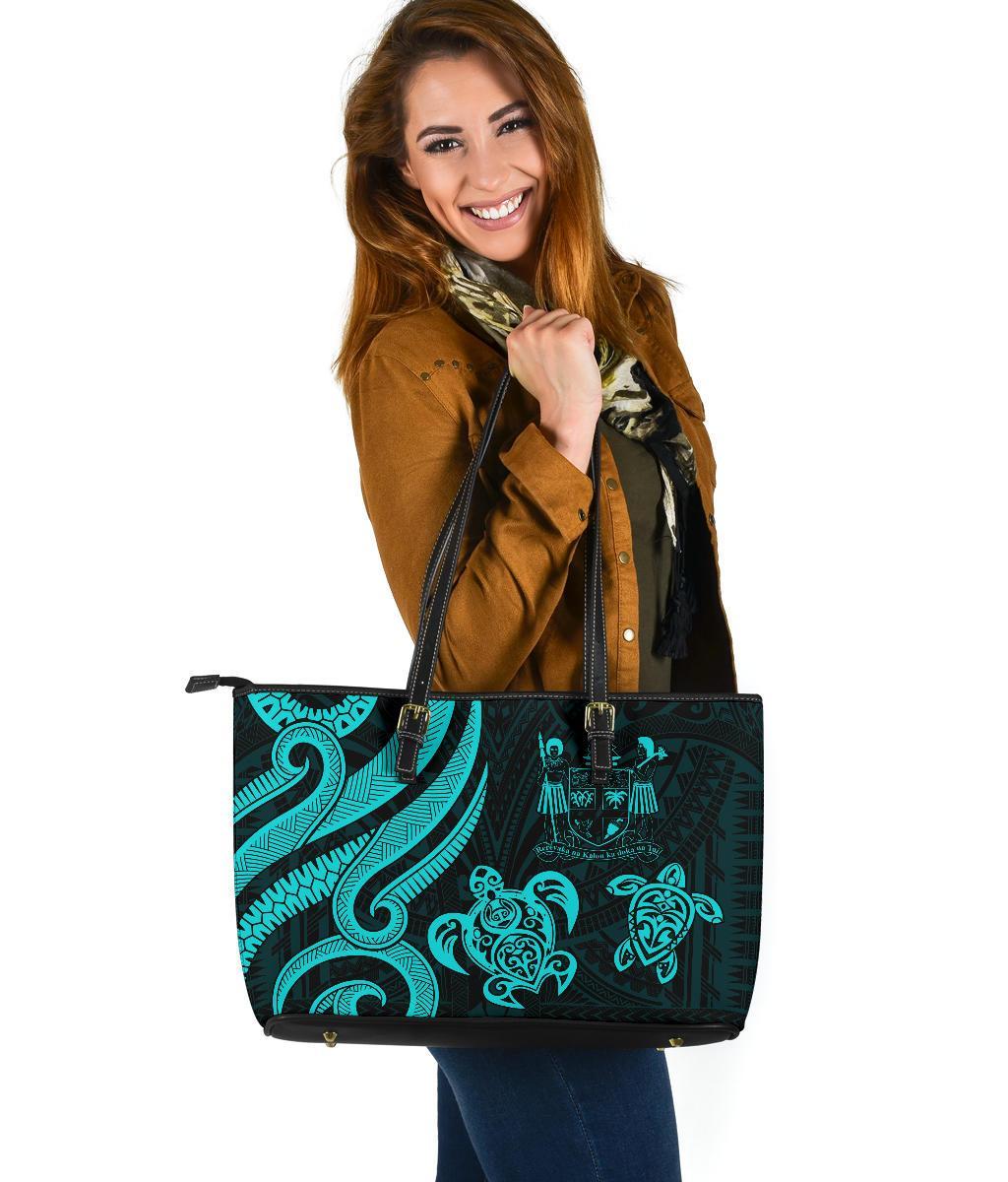 Fiji Polynesian Large Leather Tote Bag - Turquoise Tentacle Turtle Crest Turquoise - Polynesian Pride